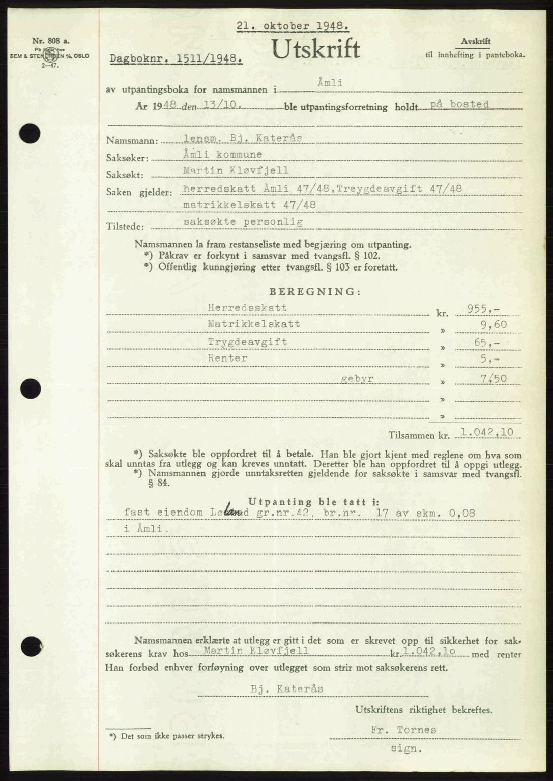 Nedenes sorenskriveri, SAK/1221-0006/G/Gb/Gba/L0059: Mortgage book no. A11, 1948-1948, Diary no: : 1511/1948