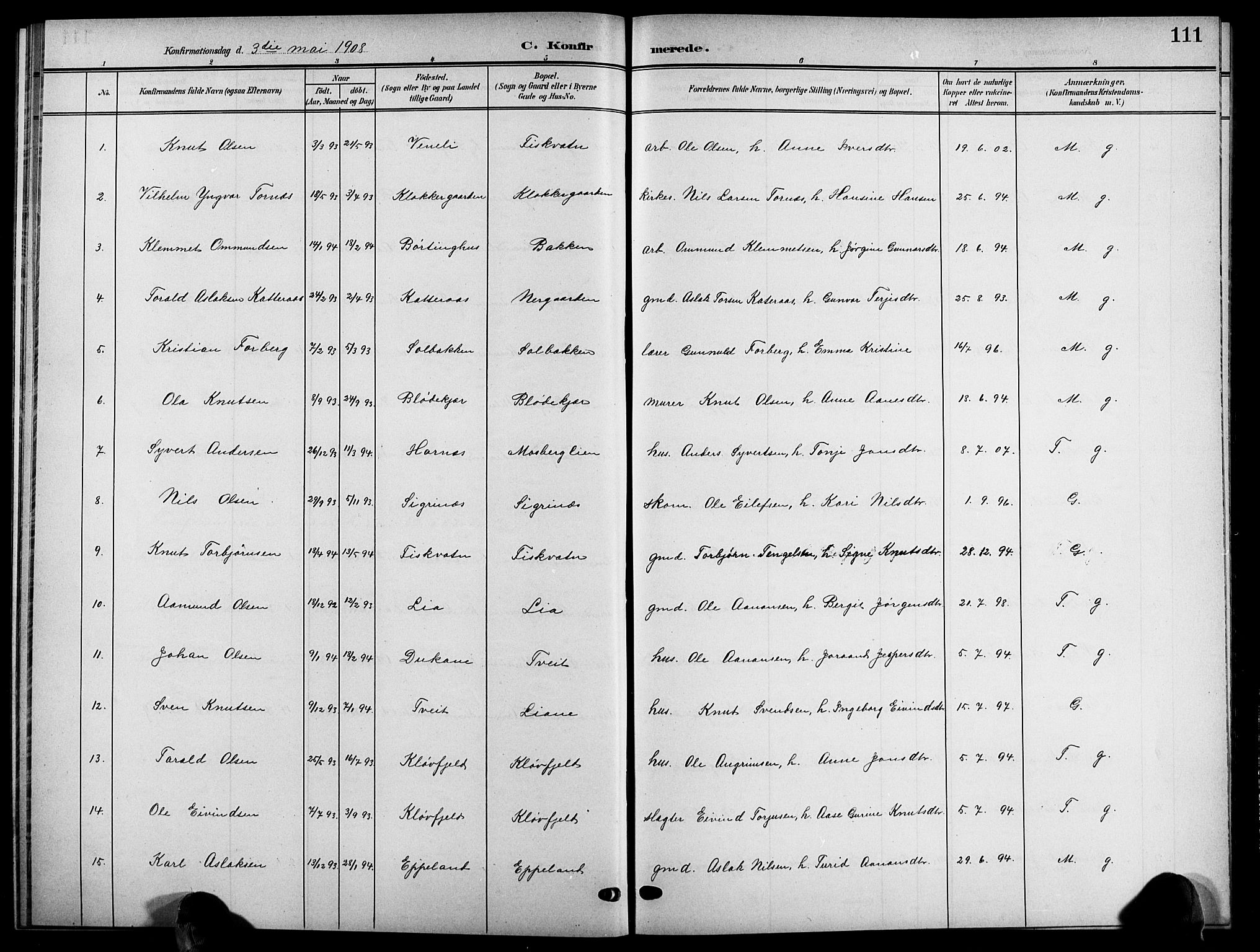 Åmli sokneprestkontor, SAK/1111-0050/F/Fb/Fbc/L0005: Parish register (copy) no. B 5, 1903-1916, p. 111
