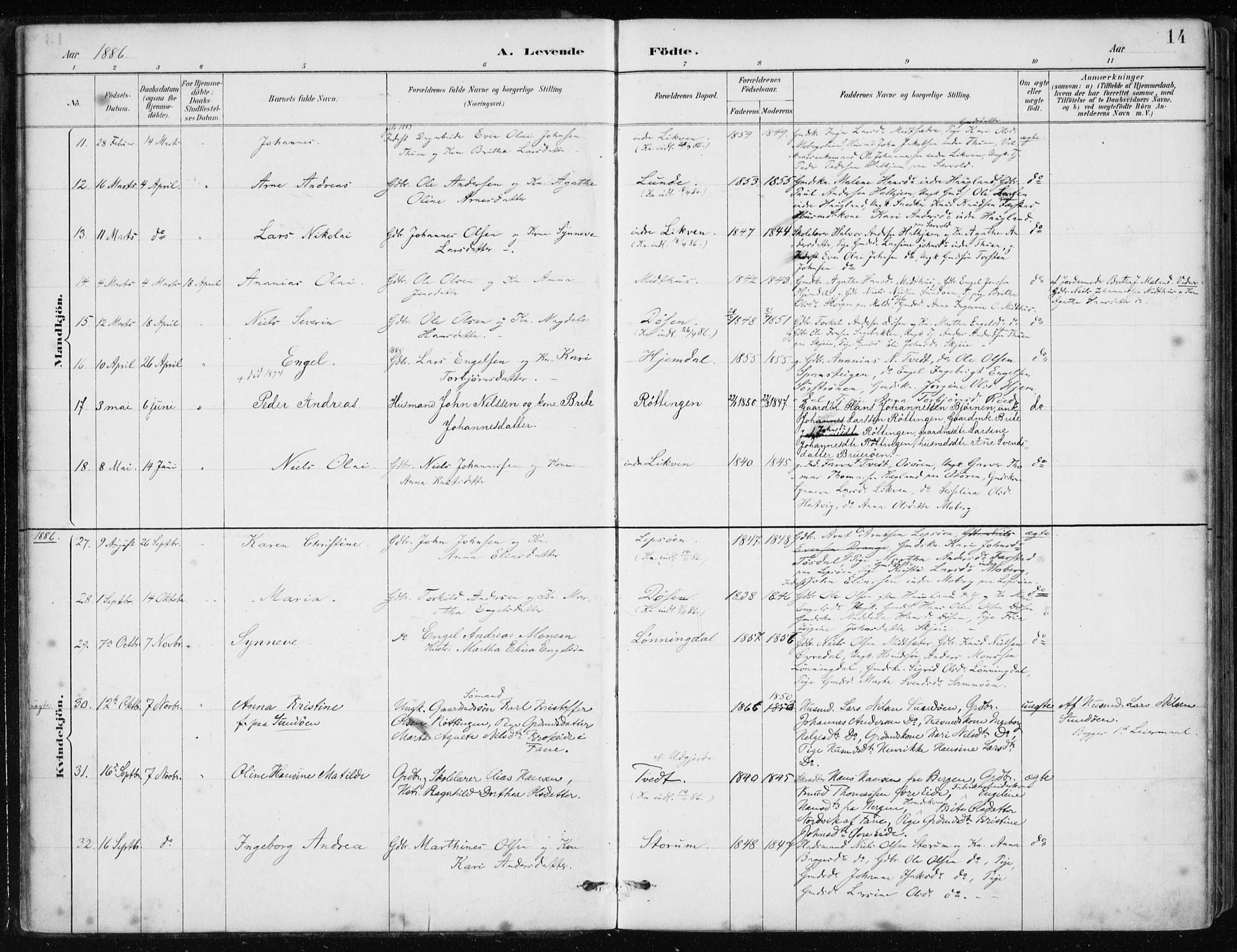 Os sokneprestembete, SAB/A-99929: Parish register (official) no. B 1, 1885-1902, p. 14