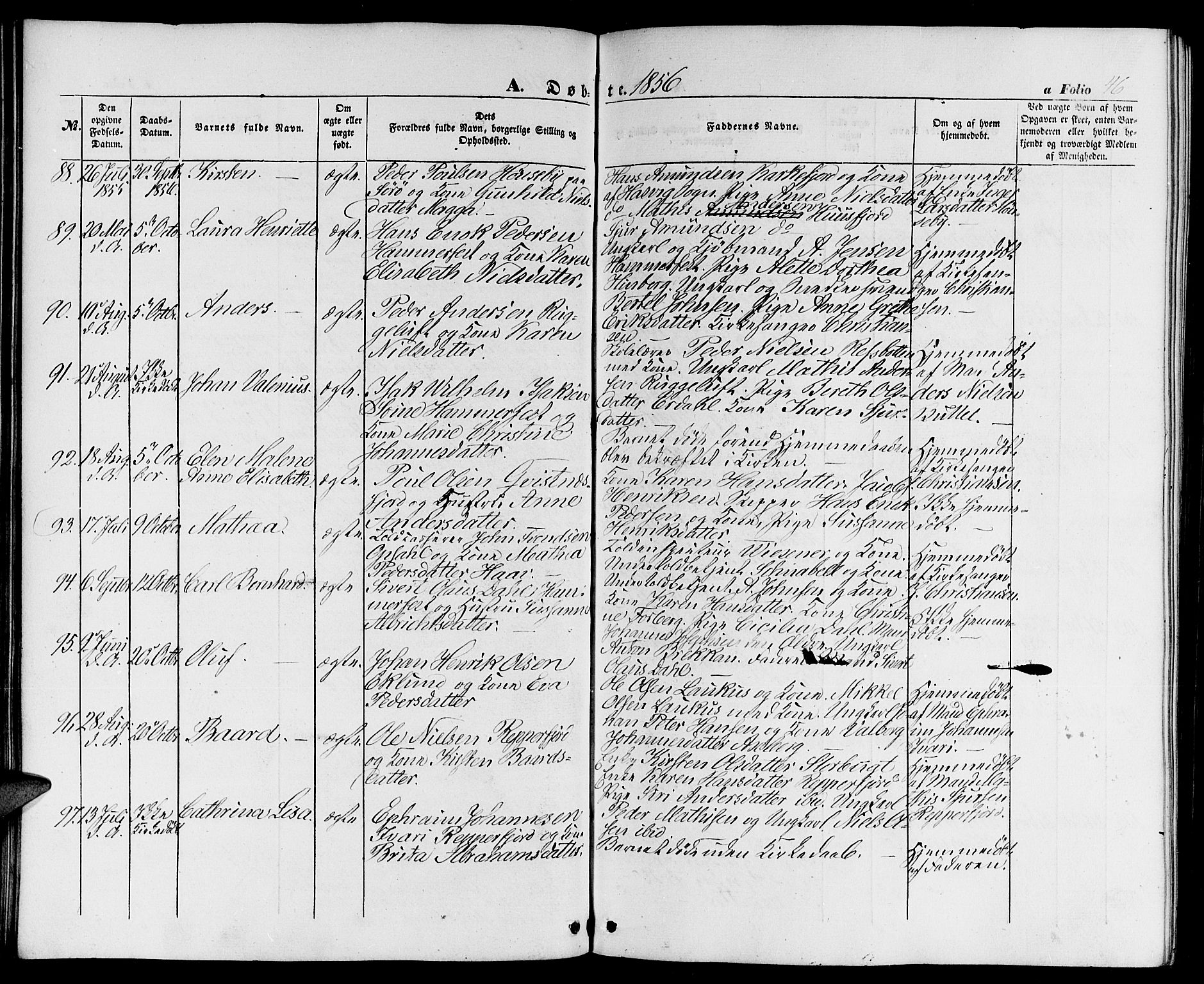 Hammerfest sokneprestkontor, SATØ/S-1347/H/Hb/L0002.klokk: Parish register (copy) no. 2, 1851-1861, p. 46