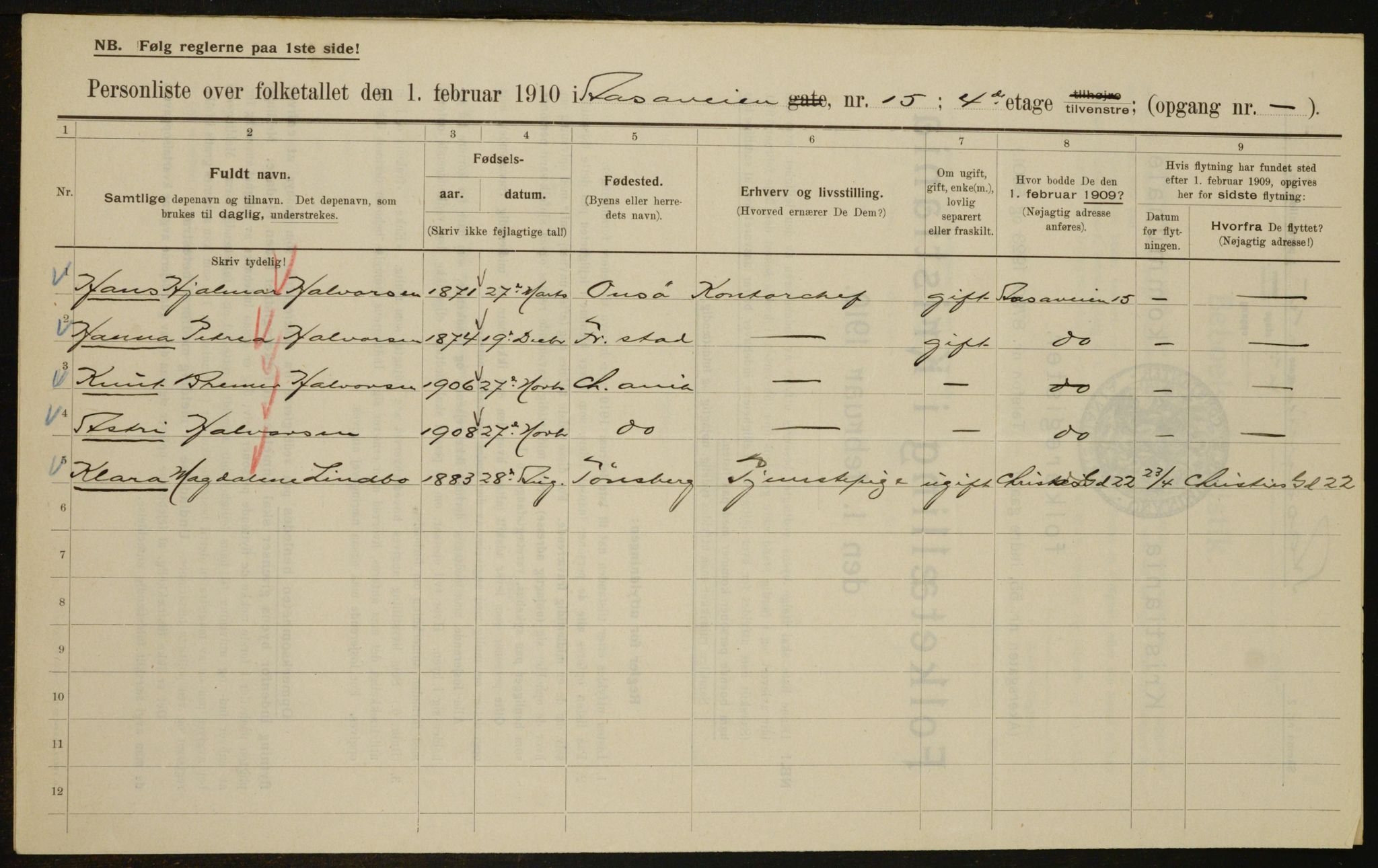 OBA, Municipal Census 1910 for Kristiania, 1910, p. 124276