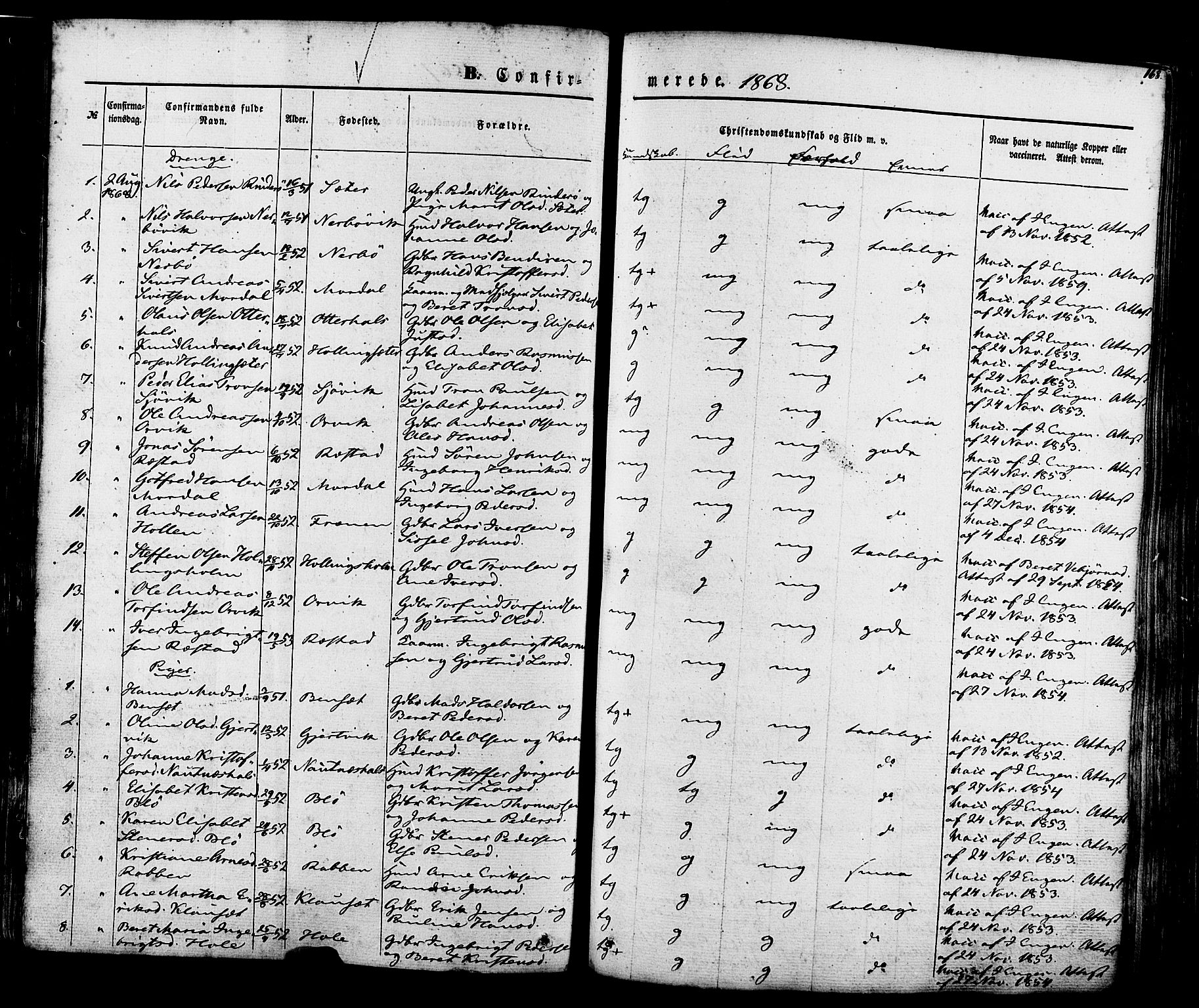 Ministerialprotokoller, klokkerbøker og fødselsregistre - Møre og Romsdal, SAT/A-1454/560/L0719: Parish register (official) no. 560A03, 1845-1872, p. 168