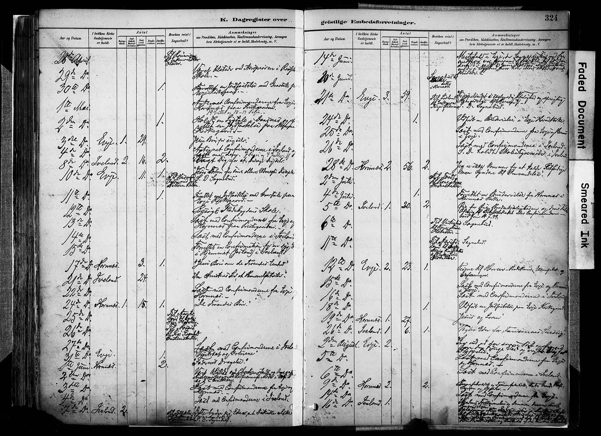 Evje sokneprestkontor, AV/SAK-1111-0008/F/Fa/Faa/L0007: Parish register (official) no. A 7, 1884-1909, p. 324