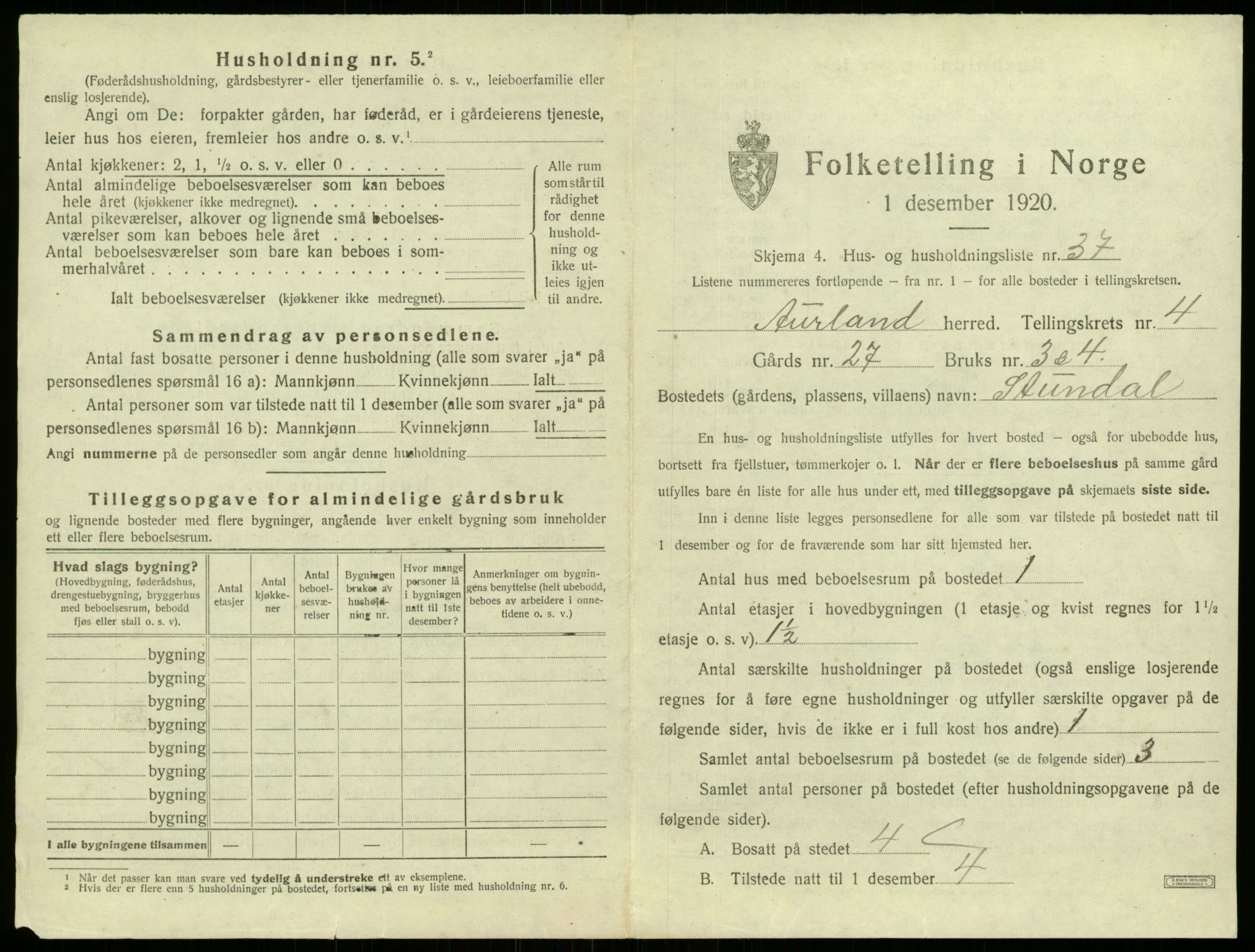 SAB, 1920 census for Aurland, 1920, p. 398