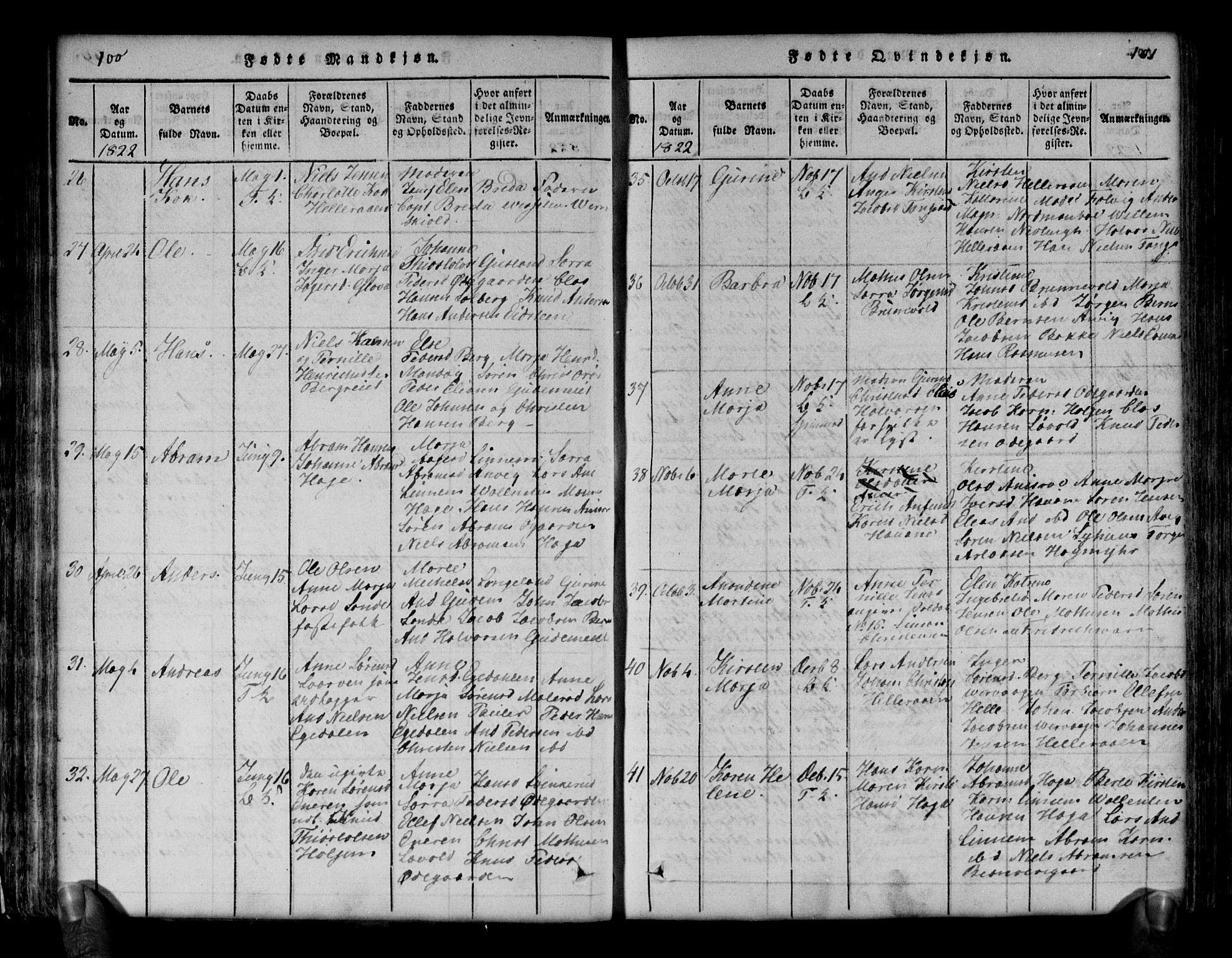 Brunlanes kirkebøker, AV/SAKO-A-342/G/Ga/L0001: Parish register (copy) no. I 1, 1814-1834, p. 100-101