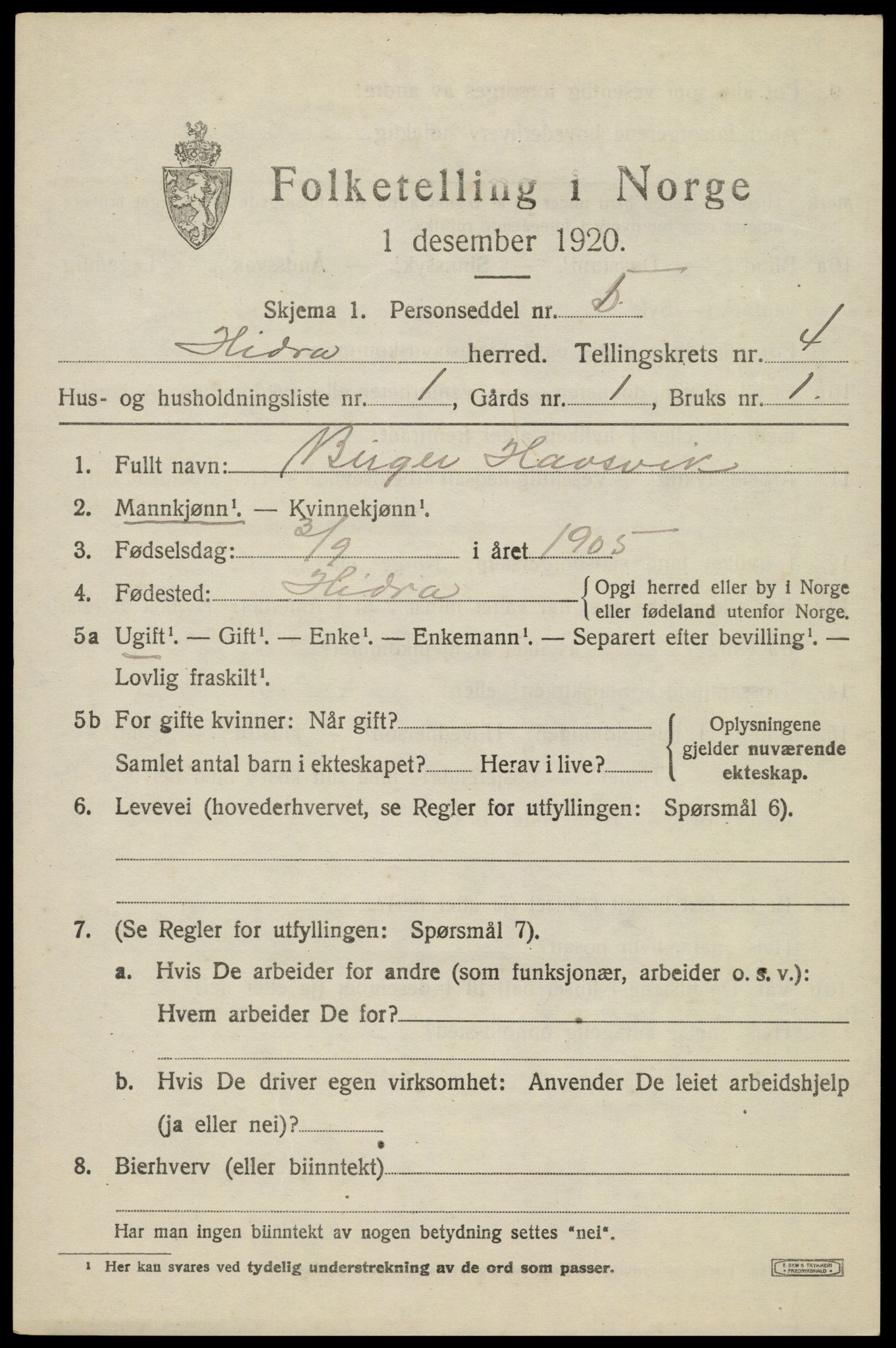 SAK, 1920 census for Hidra, 1920, p. 2094