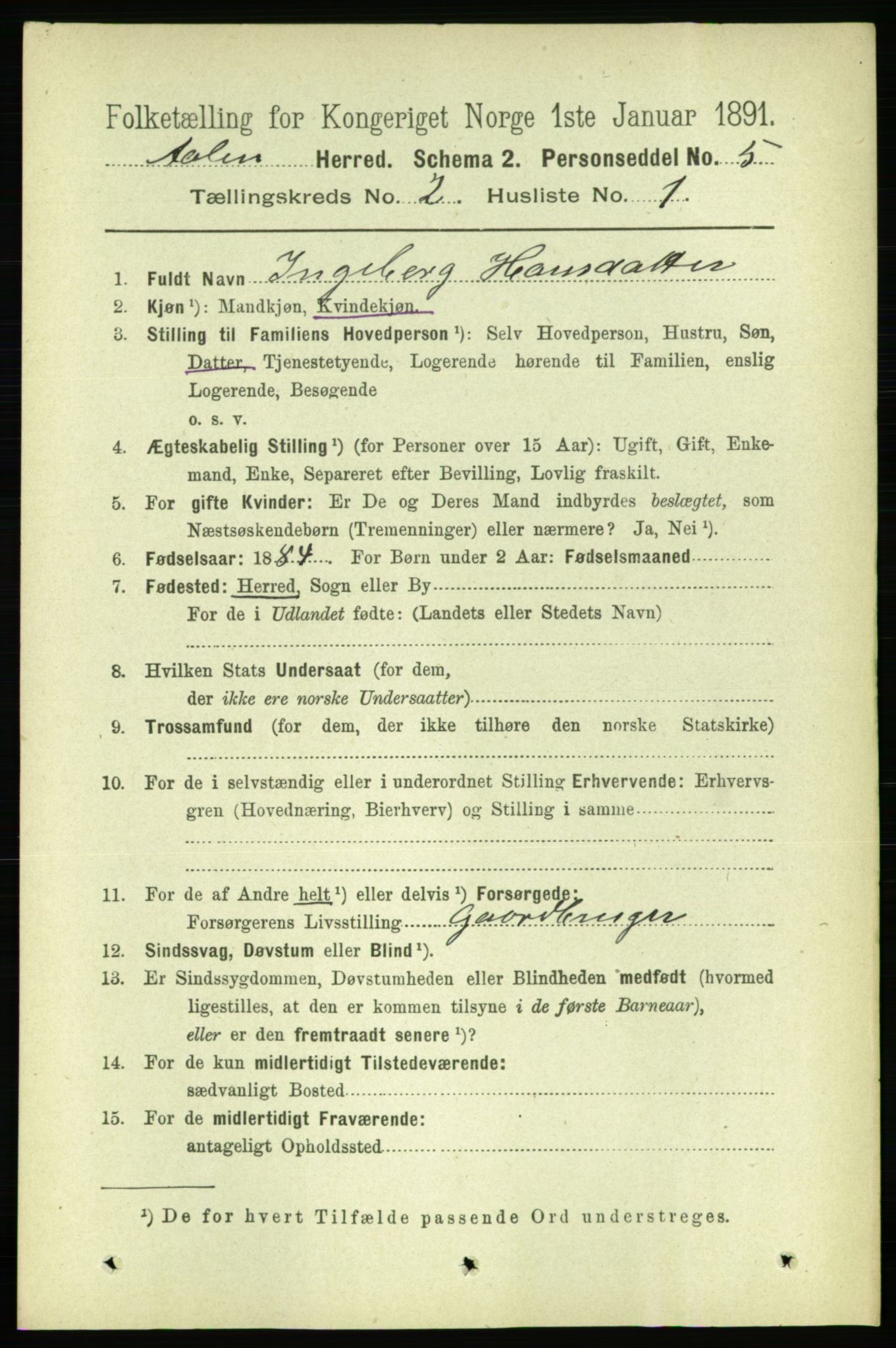 RA, 1891 census for 1644 Ålen, 1891, p. 384