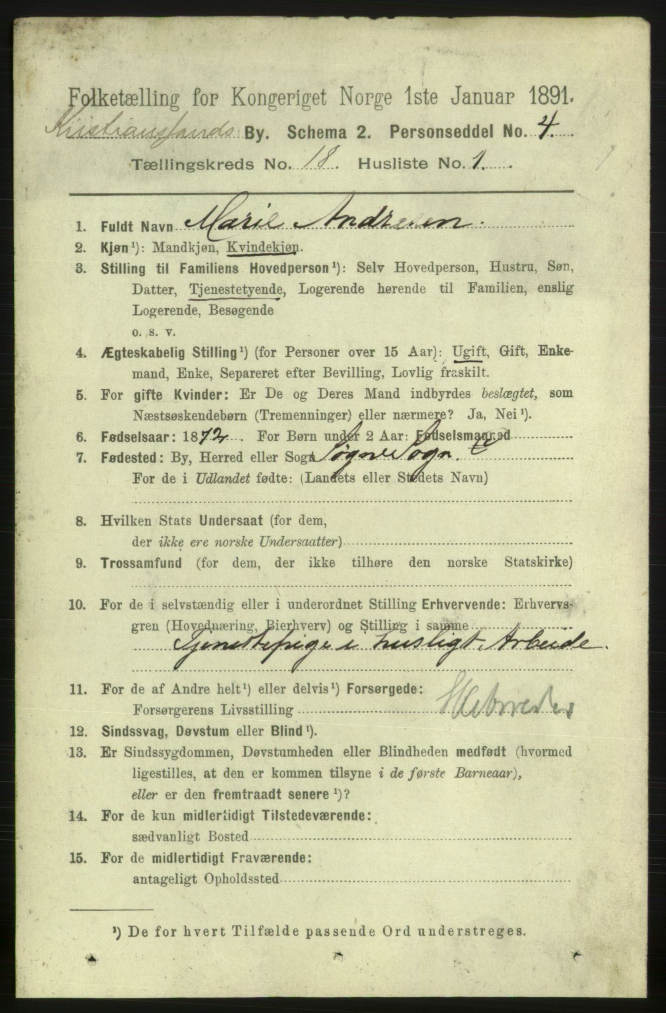 RA, 1891 census for 1001 Kristiansand, 1891, p. 7199