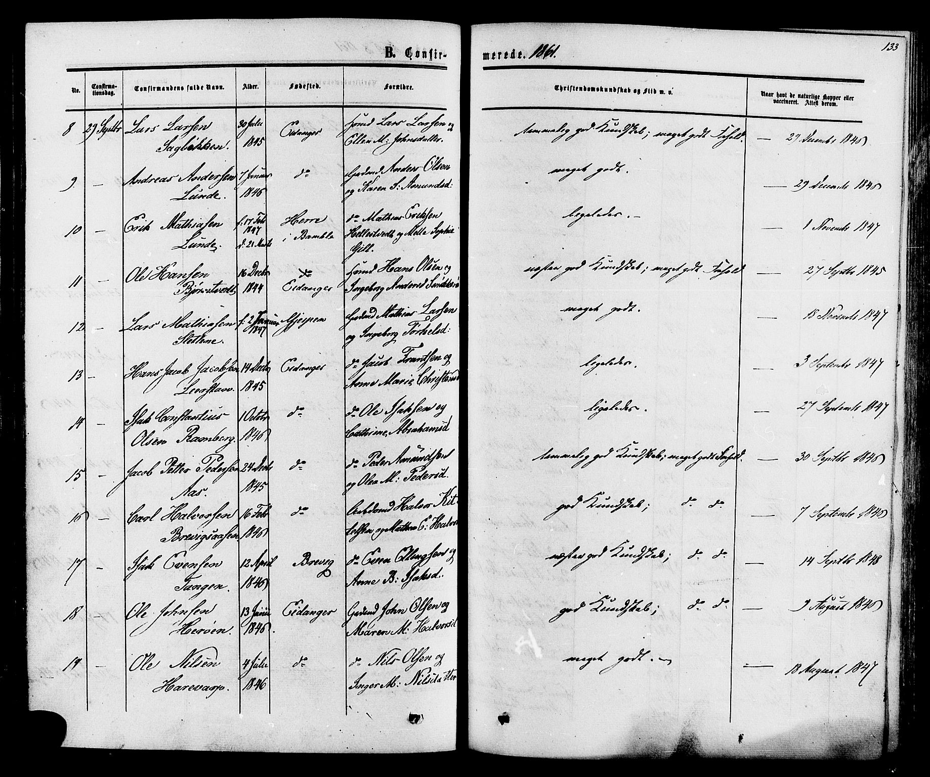 Eidanger kirkebøker, AV/SAKO-A-261/F/Fa/L0010: Parish register (official) no. 10, 1859-1874, p. 133