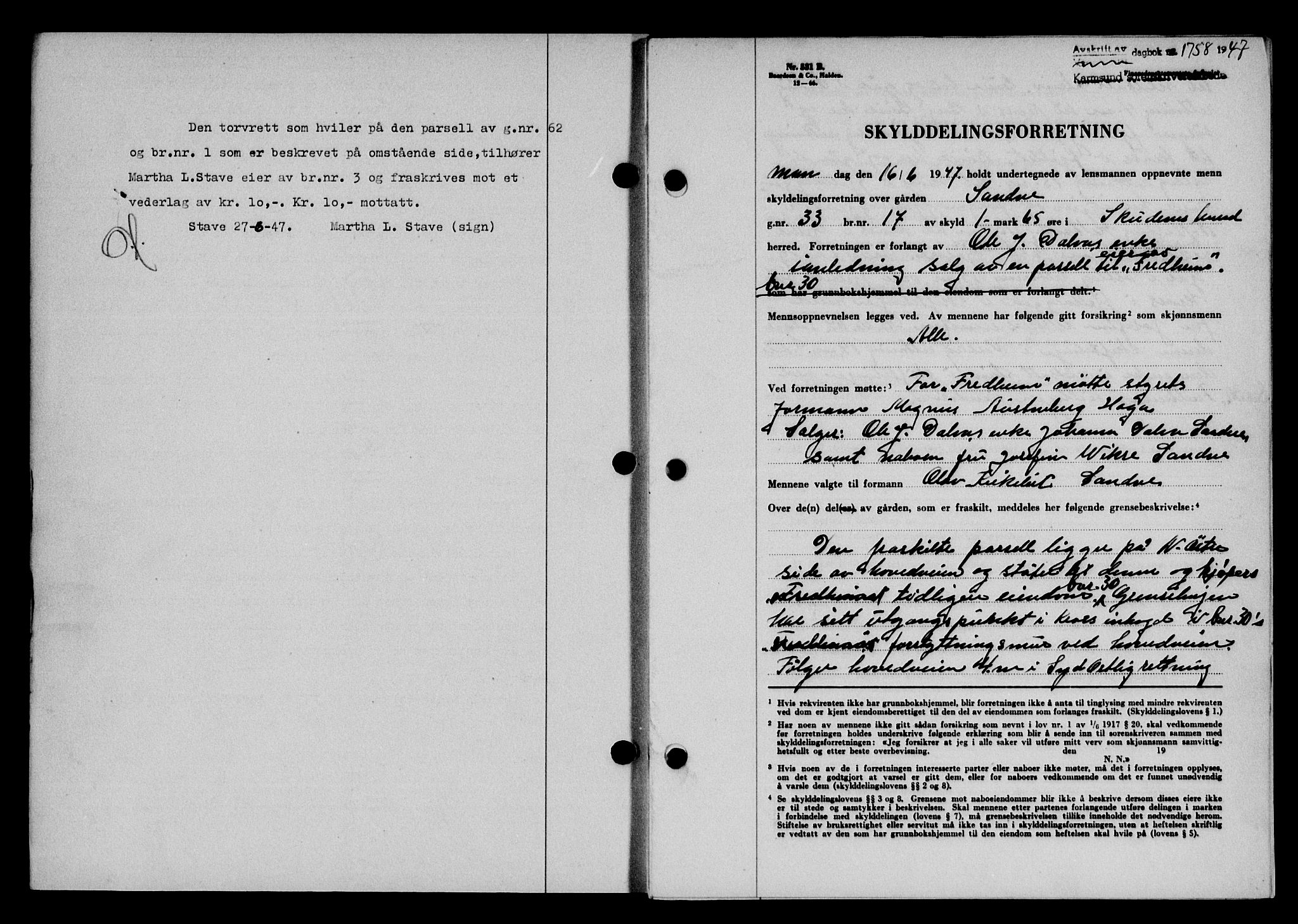 Karmsund sorenskriveri, SAST/A-100311/01/II/IIB/L0090: Mortgage book no. 70A, 1947-1947, Diary no: : 1758/1947