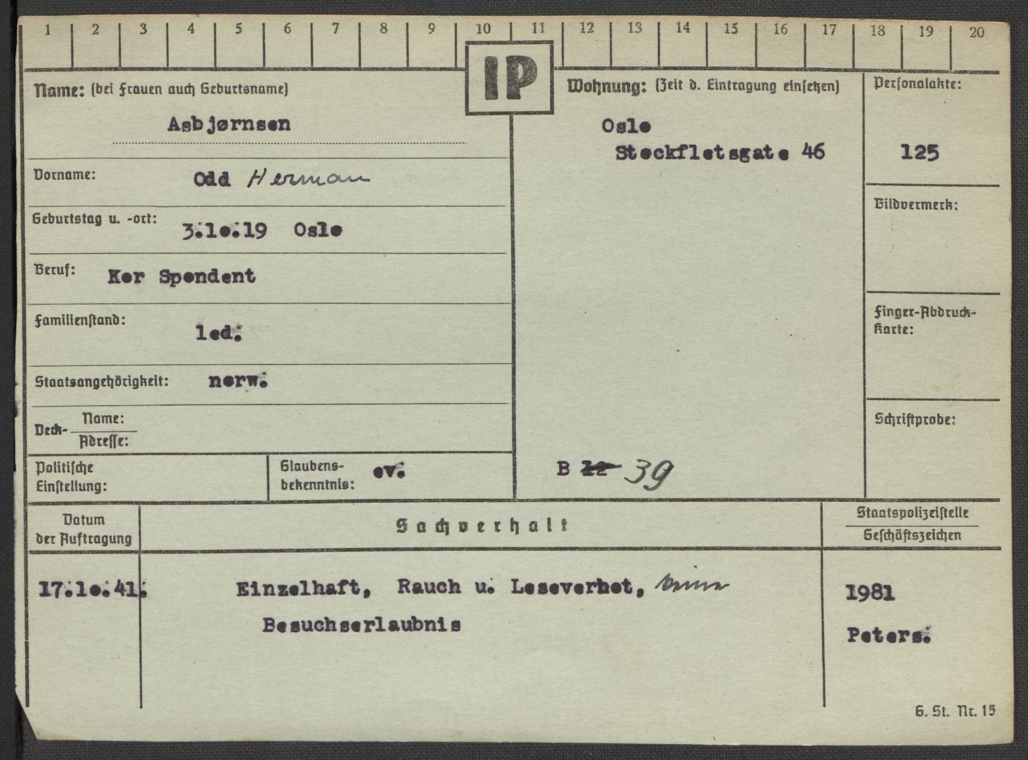 Befehlshaber der Sicherheitspolizei und des SD, RA/RAFA-5969/E/Ea/Eaa/L0001: Register over norske fanger i Møllergata 19: A-Bj, 1940-1945, p. 638