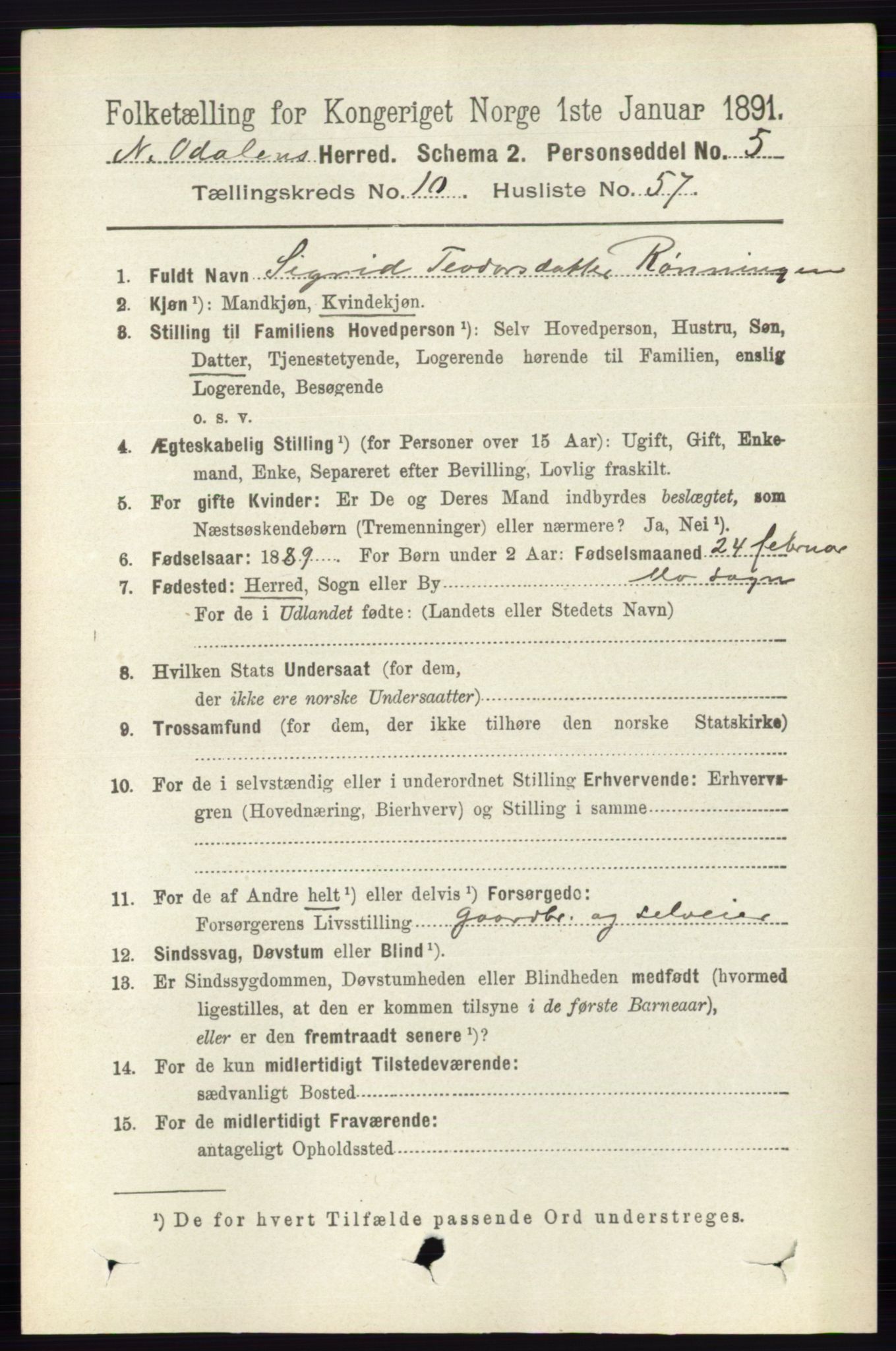 RA, 1891 census for 0418 Nord-Odal, 1891, p. 4865