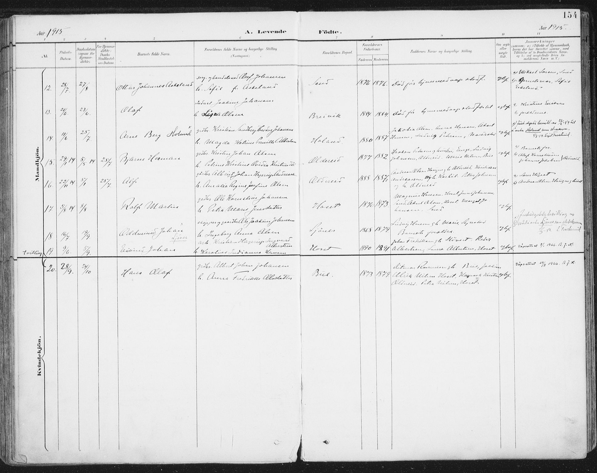 Ministerialprotokoller, klokkerbøker og fødselsregistre - Nordland, AV/SAT-A-1459/852/L0741: Parish register (official) no. 852A11, 1894-1917, p. 154