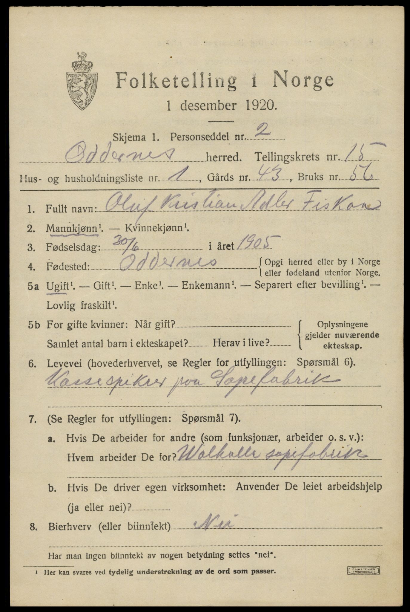 SAK, 1920 census for Oddernes, 1920, p. 9861