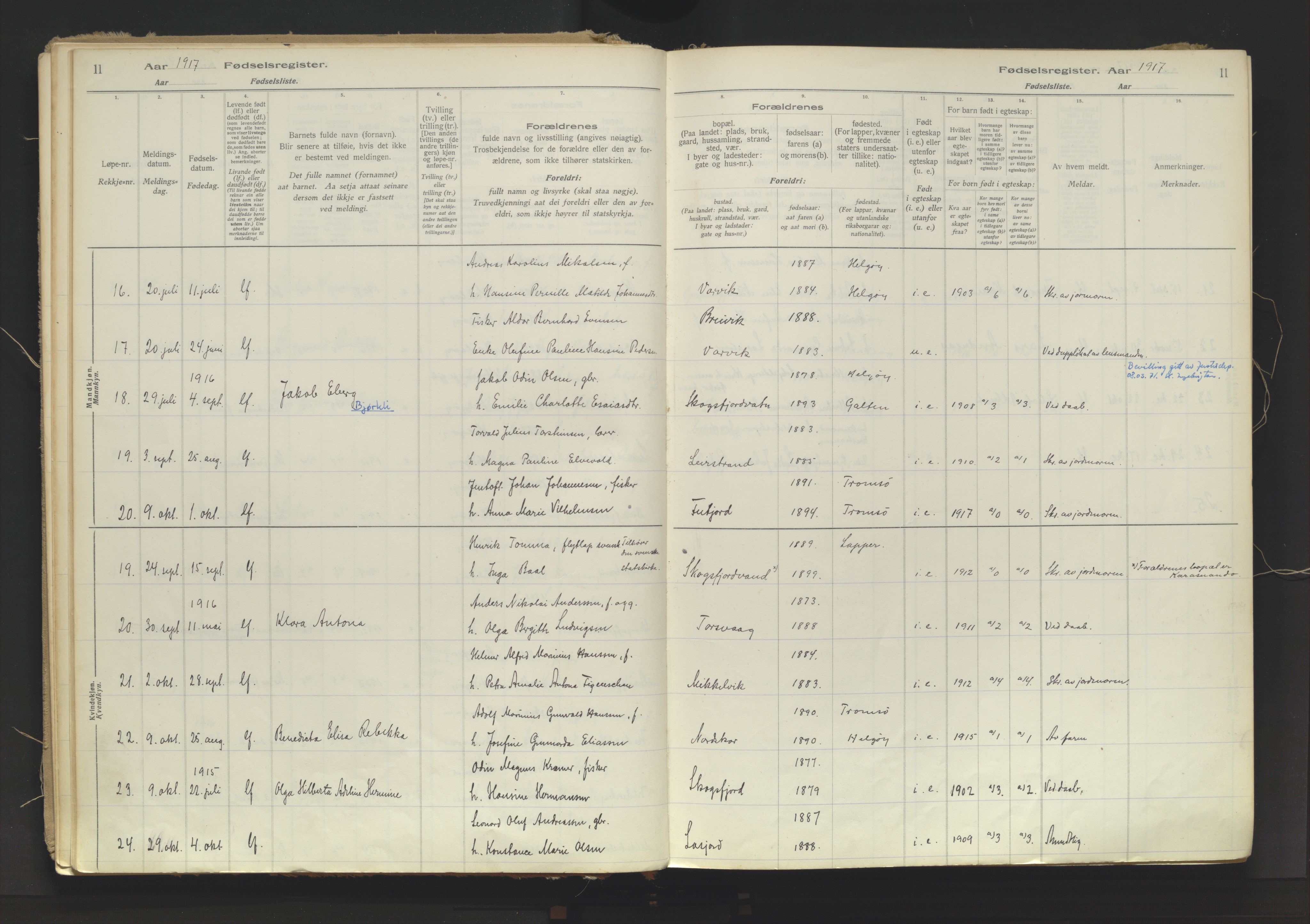 Karlsøy sokneprestembete, AV/SATØ-S-1299/I/Ic/L0067: Birth register no. 67, 1916-1958, p. 11