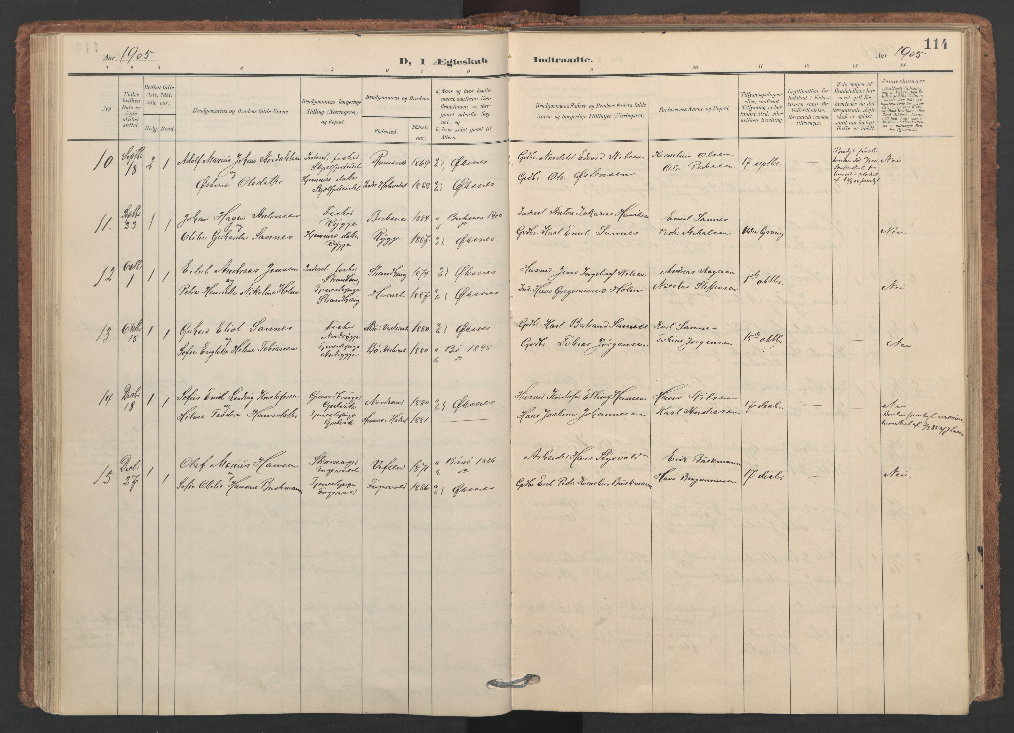 Ministerialprotokoller, klokkerbøker og fødselsregistre - Nordland, SAT/A-1459/893/L1339: Parish register (official) no. 893A11, 1904-1914, p. 114