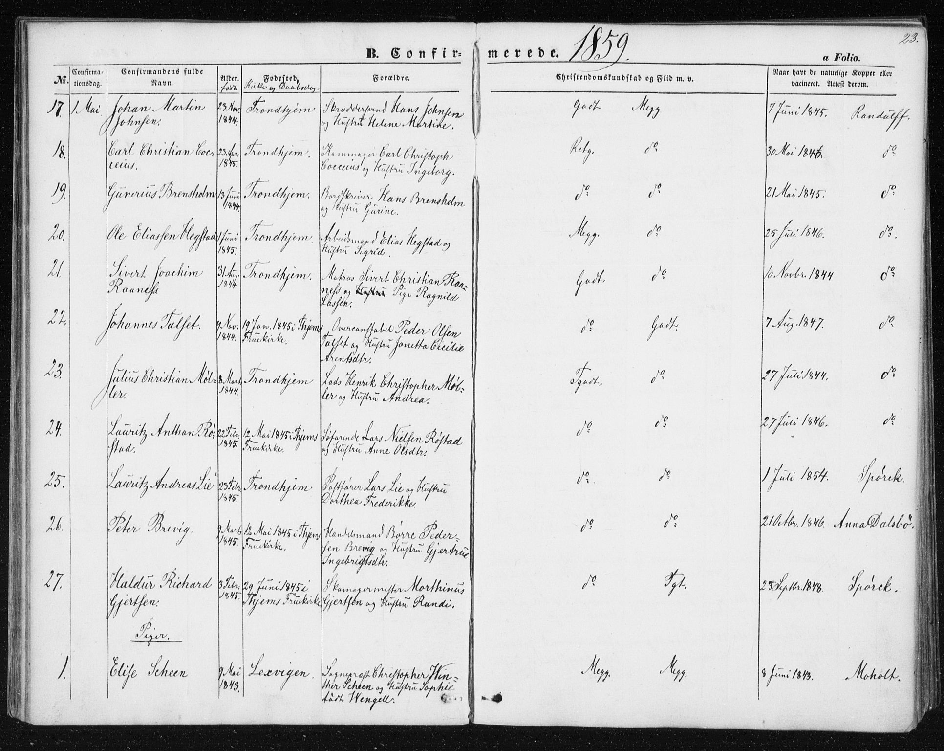 Ministerialprotokoller, klokkerbøker og fødselsregistre - Sør-Trøndelag, SAT/A-1456/602/L0114: Parish register (official) no. 602A12, 1856-1872, p. 23