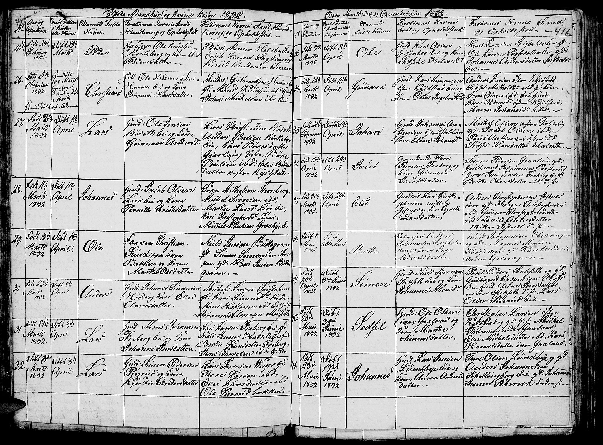 Vang prestekontor, Hedmark, AV/SAH-PREST-008/H/Ha/Hab/L0005: Parish register (copy) no. 5, 1815-1836, p. 415-416