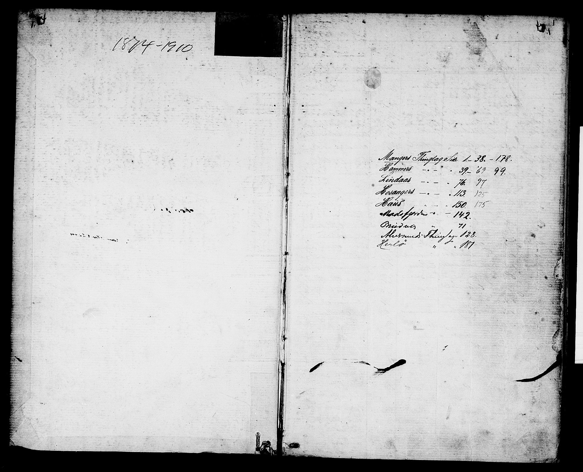 Nordhordland sorenskrivar, AV/SAB-A-2901/1/H/Hk/Hka/L0006: Dødsfallsprotokollar, 1874-1910, p. 1