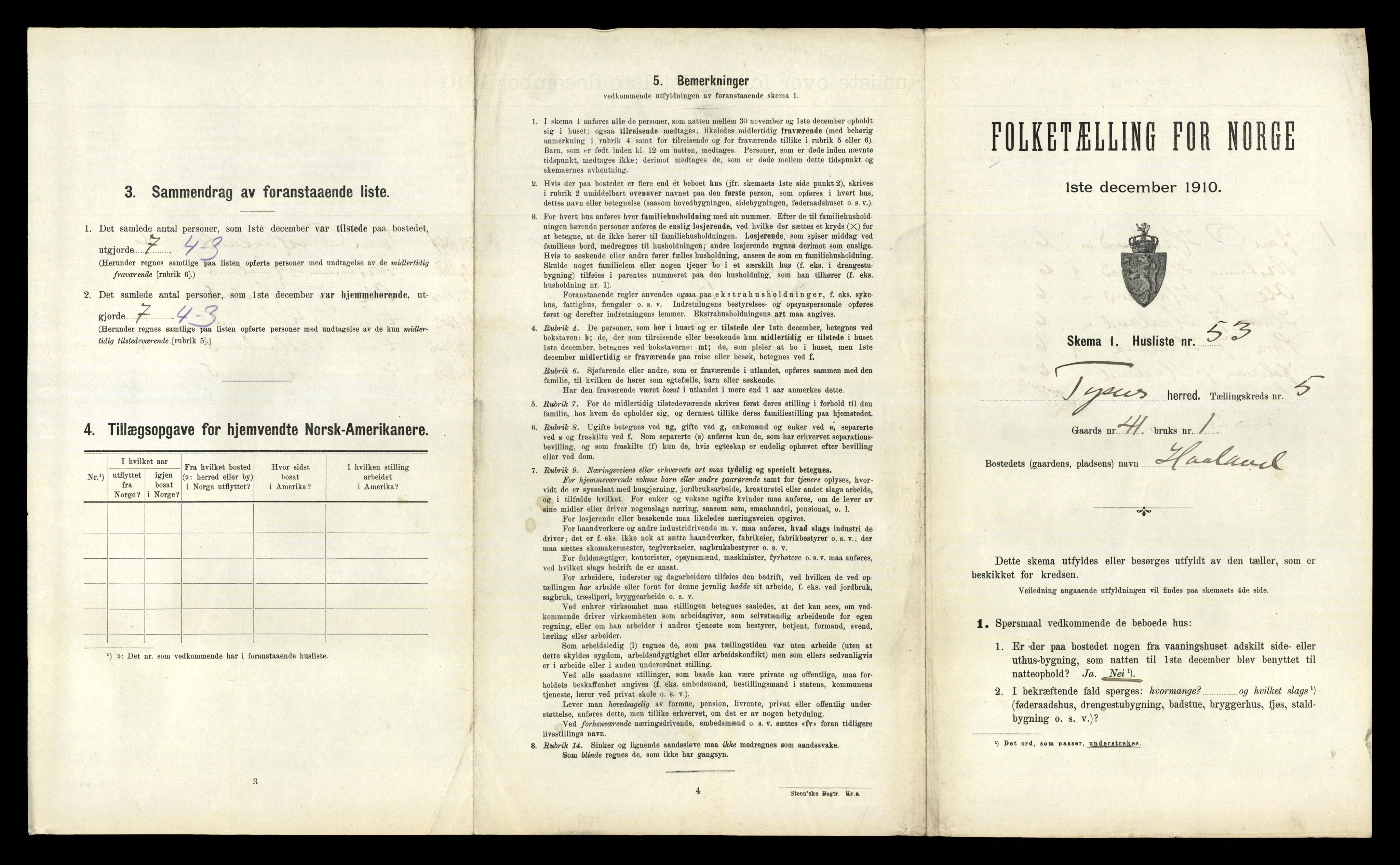 RA, 1910 census for Tysnes, 1910, p. 580