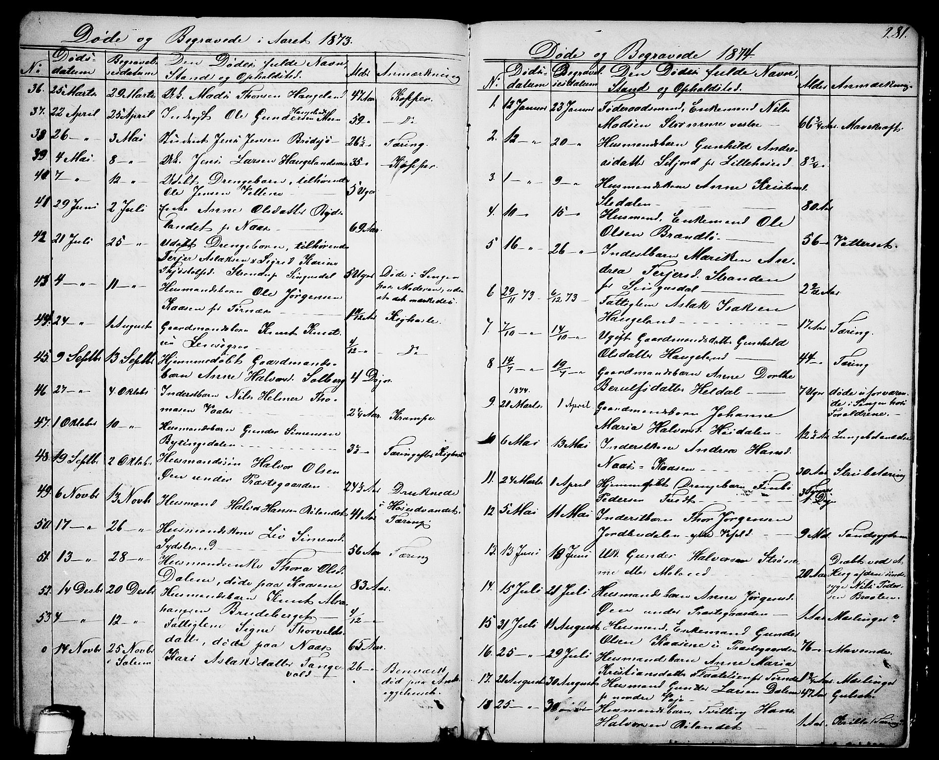 Drangedal kirkebøker, SAKO/A-258/G/Ga/L0002: Parish register (copy) no. I 2, 1856-1887, p. 281