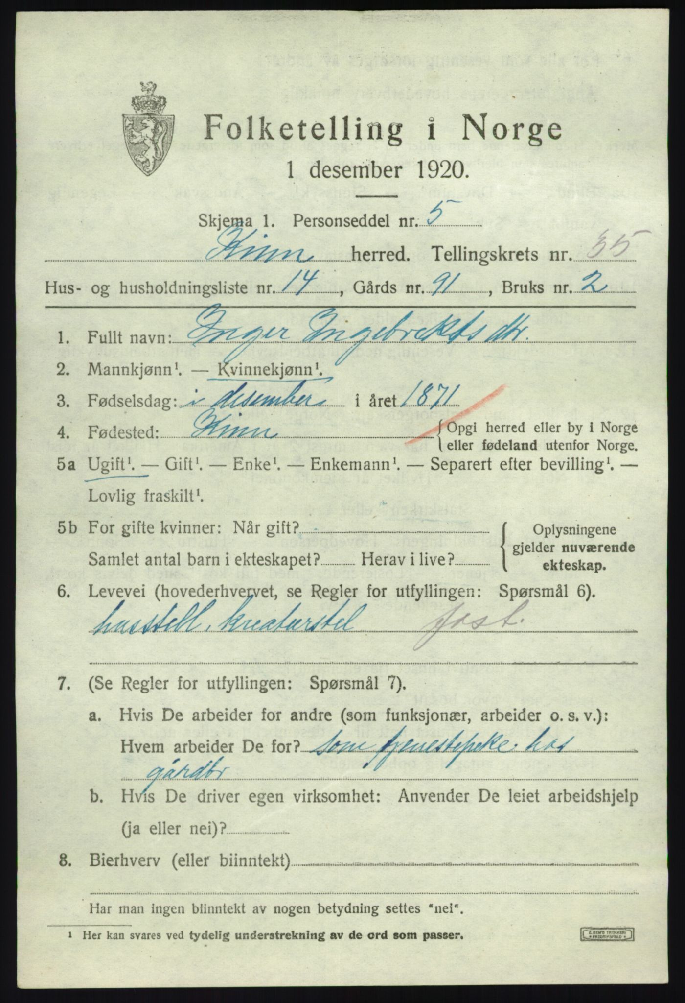 SAB, 1920 census for Kinn, 1920, p. 11737