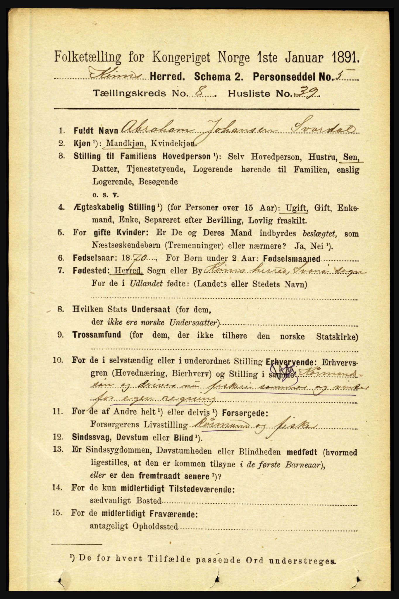 RA, 1891 census for 1437 Kinn, 1891, p. 3357