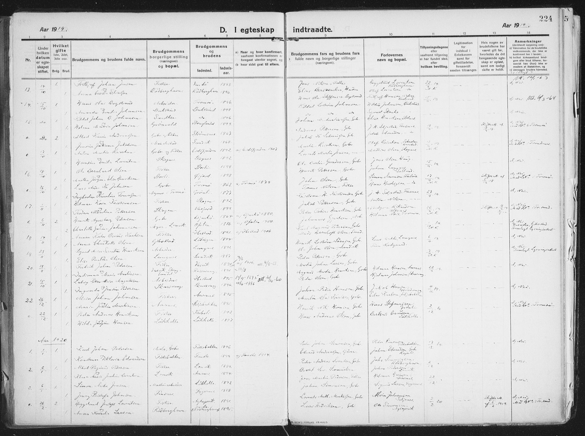 Lenvik sokneprestembete, SATØ/S-1310/H/Ha/Haa/L0016kirke: Parish register (official) no. 16, 1910-1924, p. 224