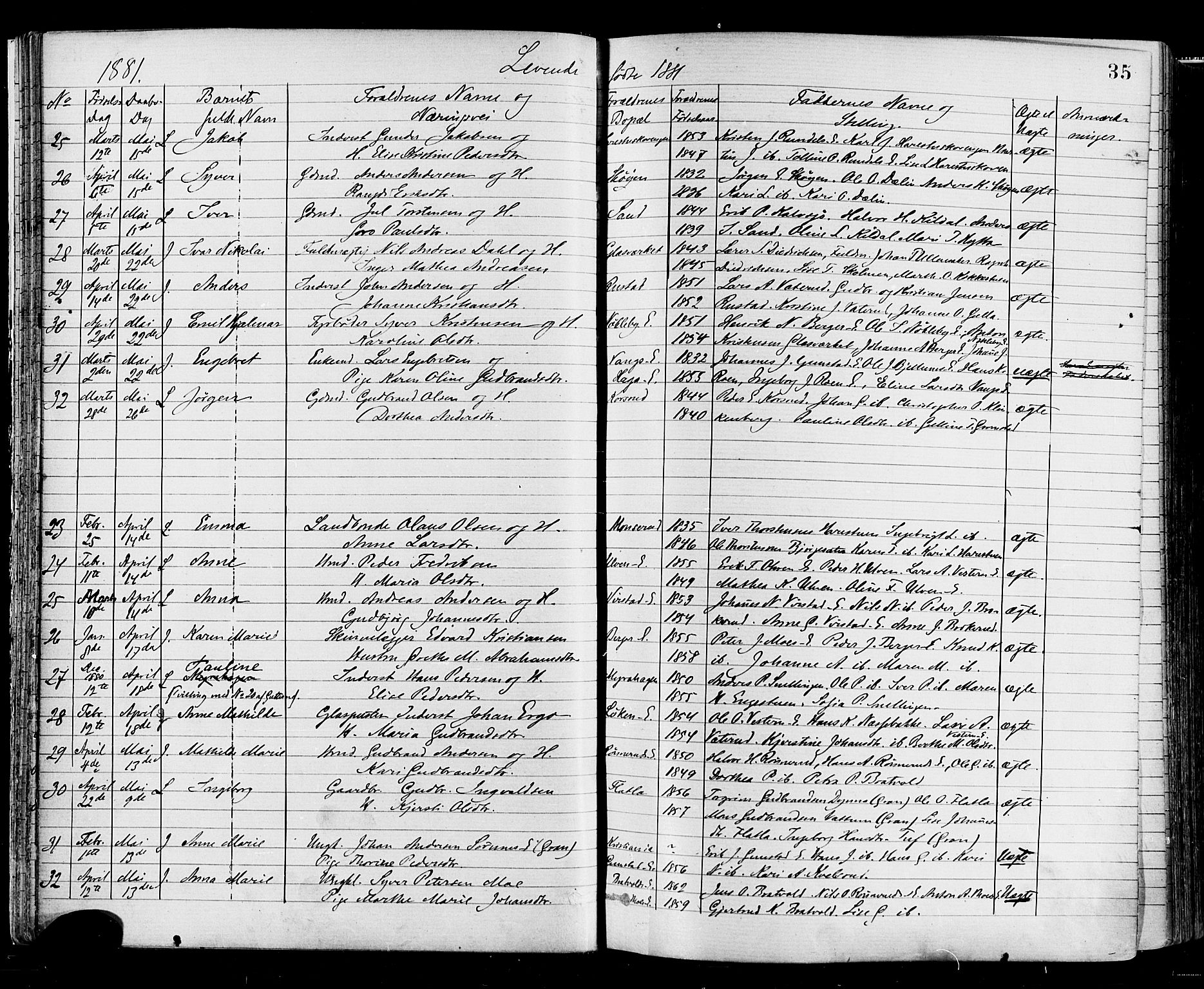 Jevnaker prestekontor, AV/SAH-PREST-116/H/Ha/Haa/L0008: Parish register (official) no. 8, 1877-1890, p. 35