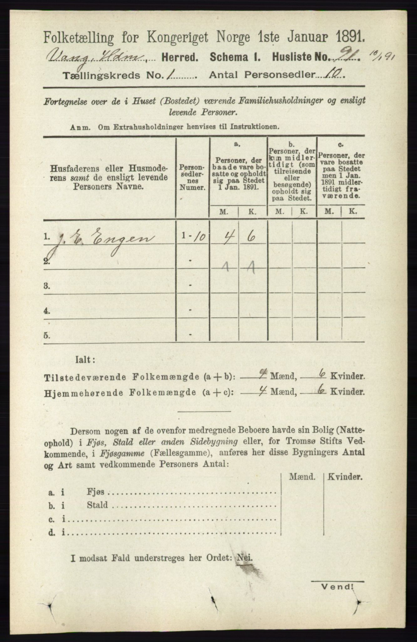 RA, 1891 census for 0414 Vang, 1891, p. 140
