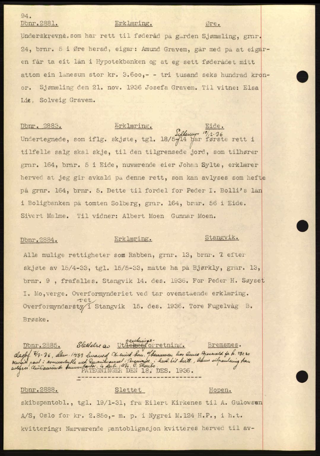 Nordmøre sorenskriveri, AV/SAT-A-4132/1/2/2Ca: Mortgage book no. C80, 1936-1939, Diary no: : 2881/1936