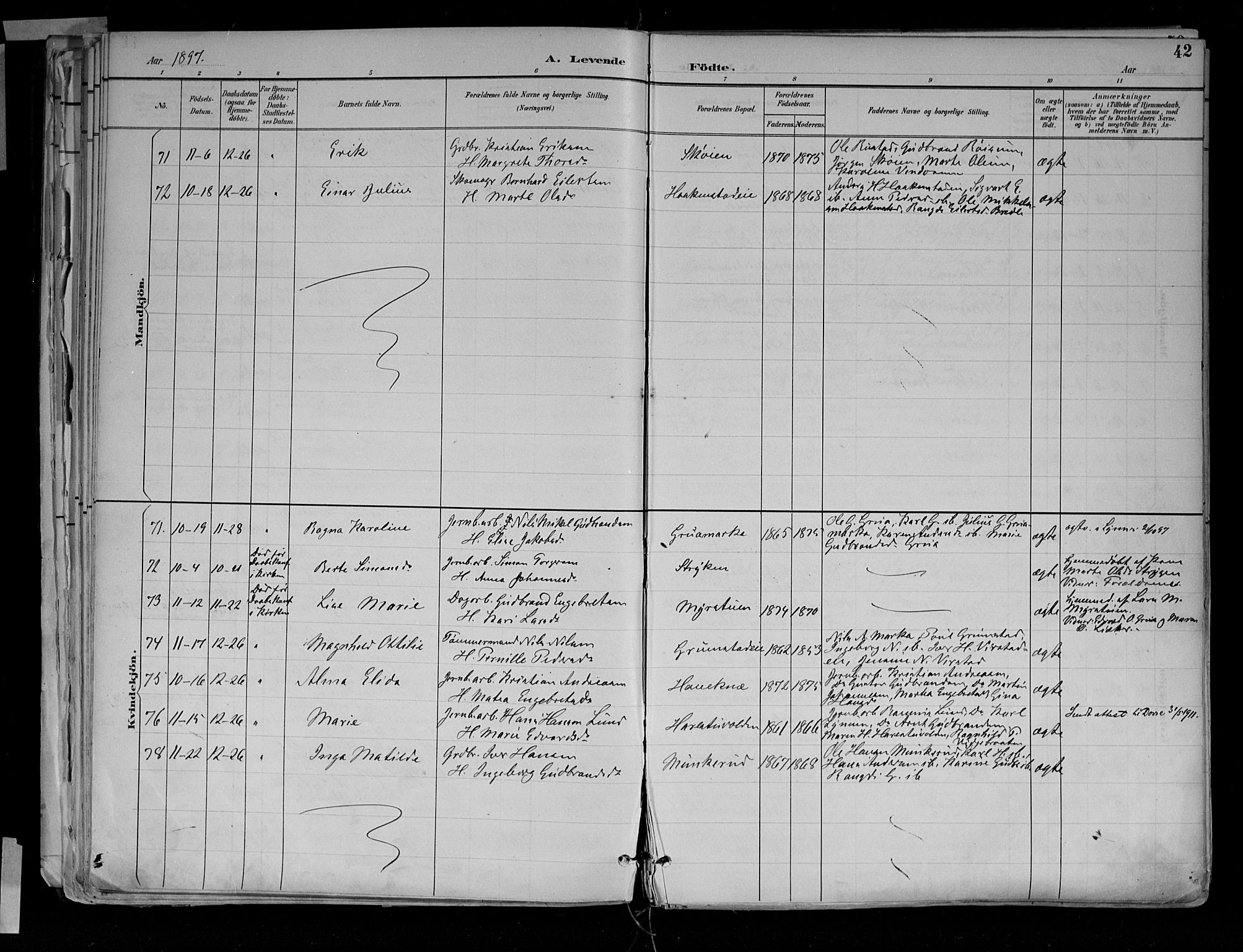 Jevnaker prestekontor, SAH/PREST-116/H/Ha/Haa/L0010: Parish register (official) no. 10, 1891-1906, p. 42