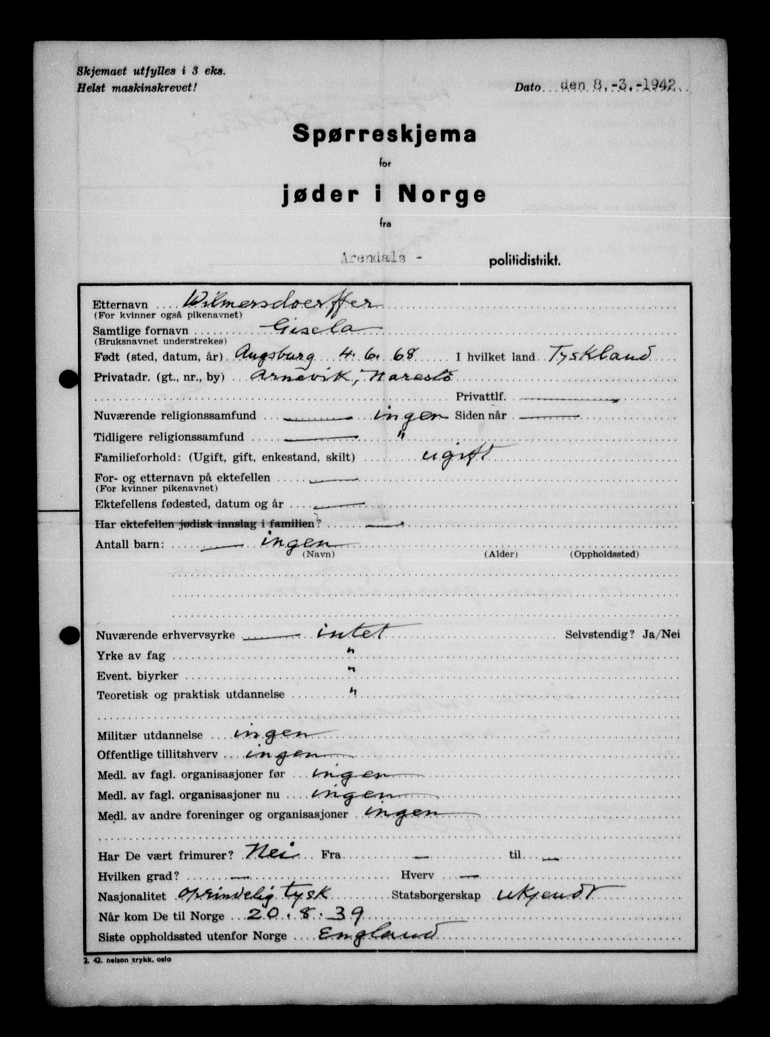 Statspolitiet - Hovedkontoret / Osloavdelingen, AV/RA-S-1329/G/Ga/L0012: Spørreskjema for jøder i Norge. 1: Aker 114- 207 (Levinson-Wozak) og 656 (Salomon). 2: Arendal-Hordaland. 3: Horten-Romerike.  , 1942, p. 298