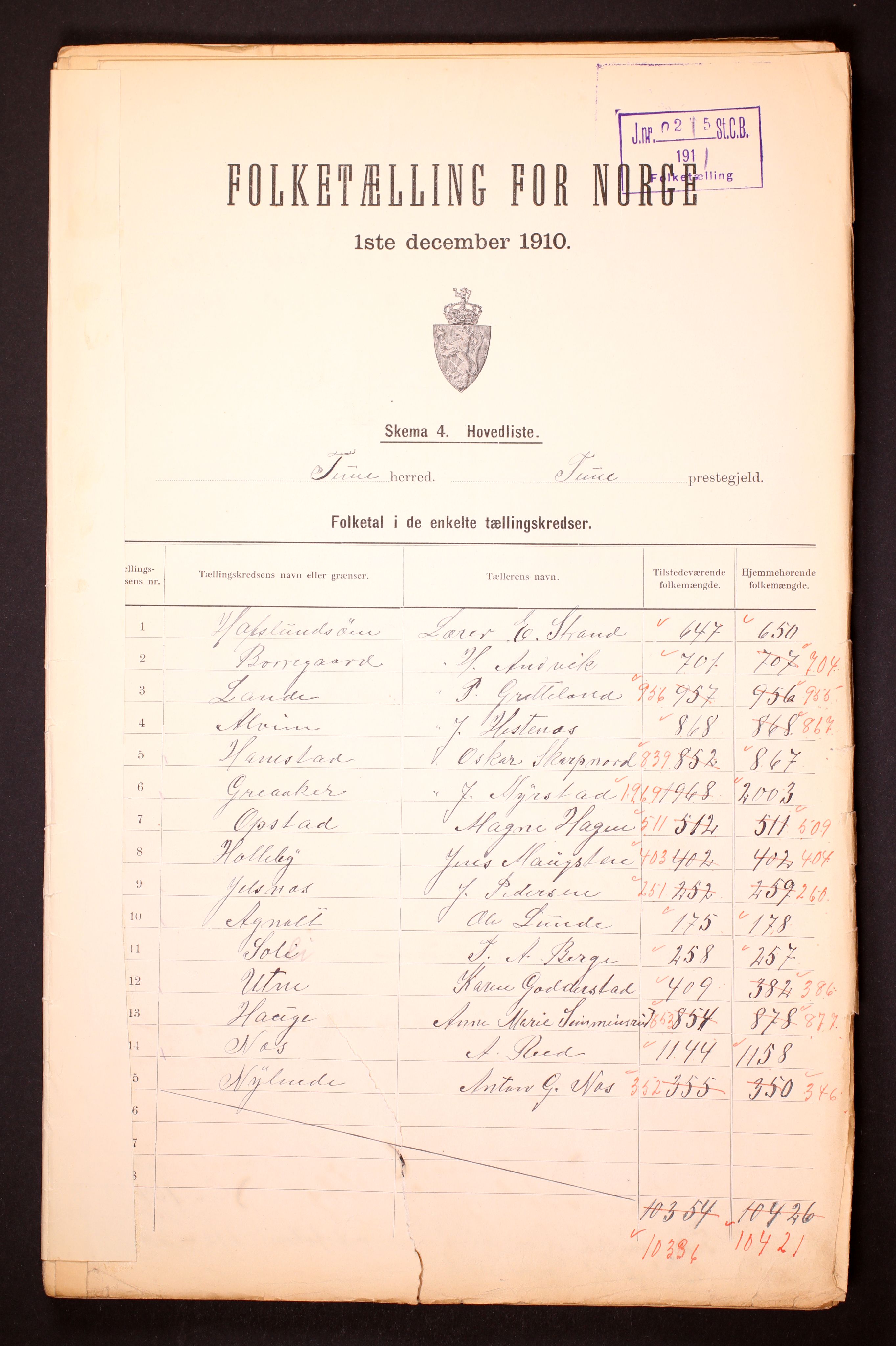 RA, 1910 census for Tune, 1910, p. 2