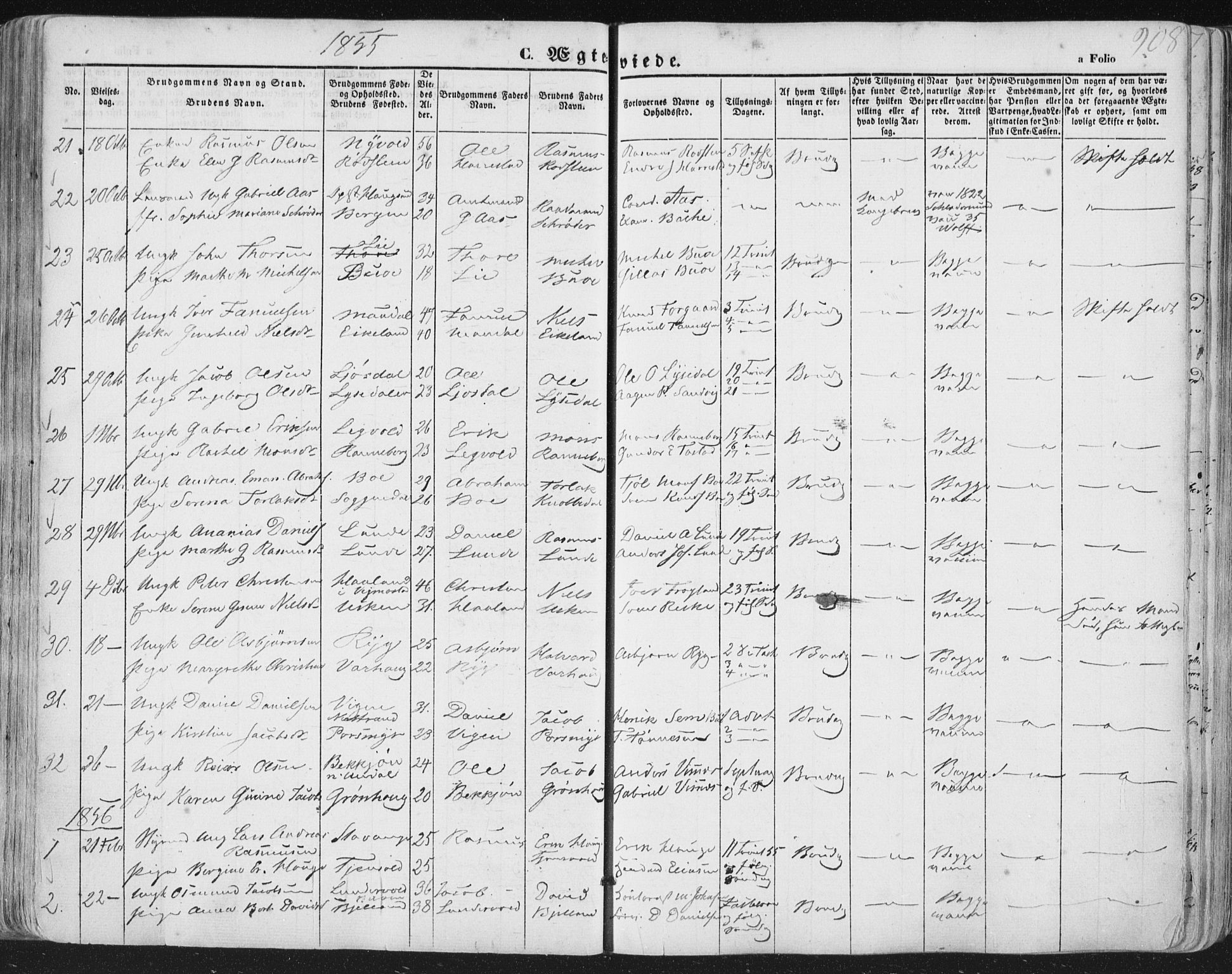 Hetland sokneprestkontor, AV/SAST-A-101826/30/30BA/L0002: Parish register (official) no. A 2, 1849-1869, p. 208