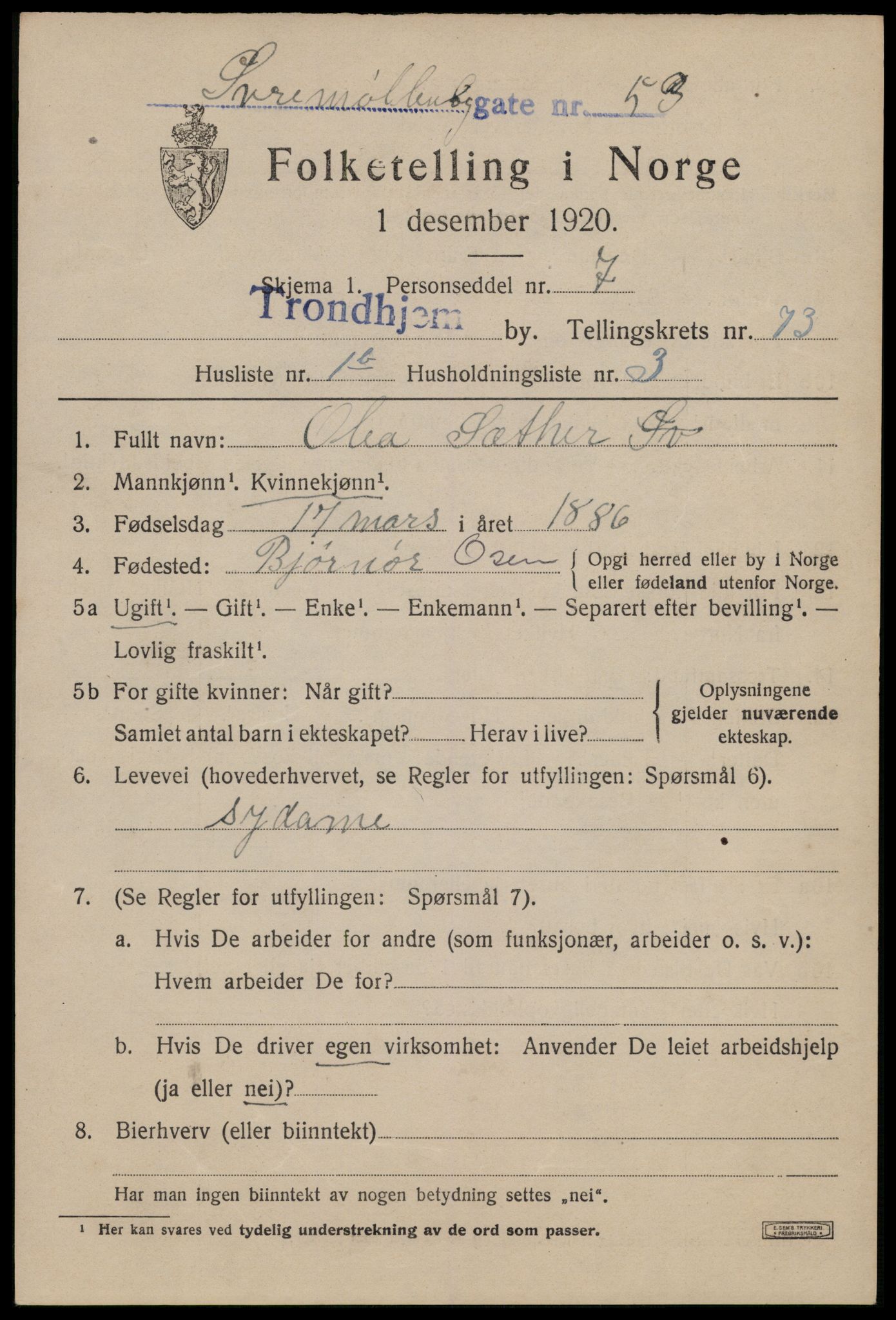 SAT, 1920 census for Trondheim, 1920, p. 142590