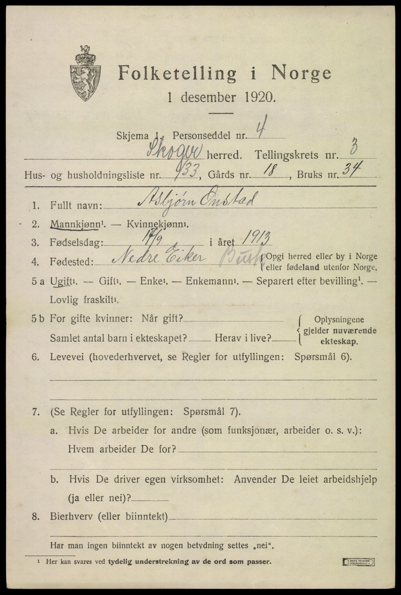 SAKO, 1920 census for Skoger, 1920, p. 9619