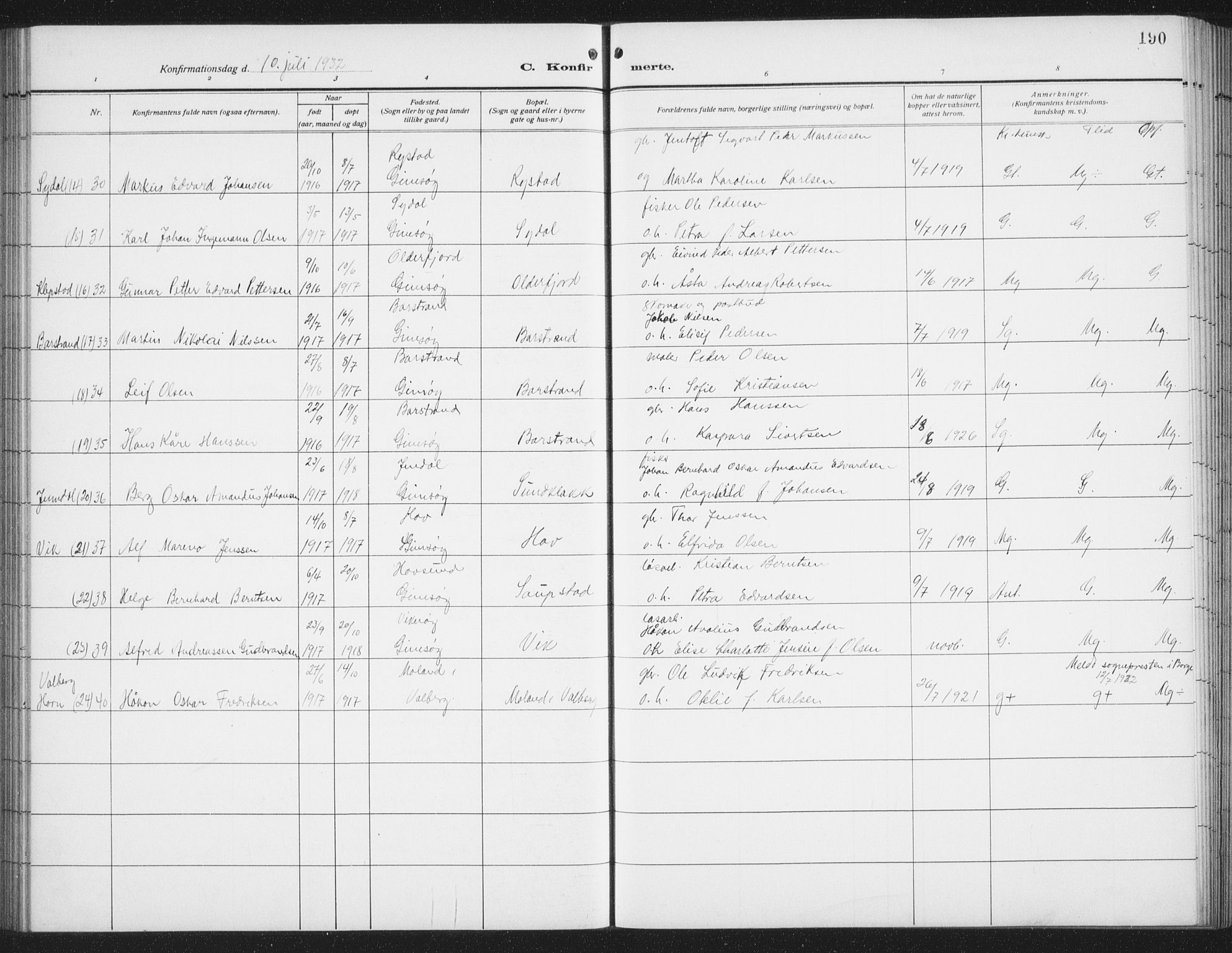 Ministerialprotokoller, klokkerbøker og fødselsregistre - Nordland, AV/SAT-A-1459/876/L1106: Parish register (copy) no. 876C05, 1915-1942, p. 190