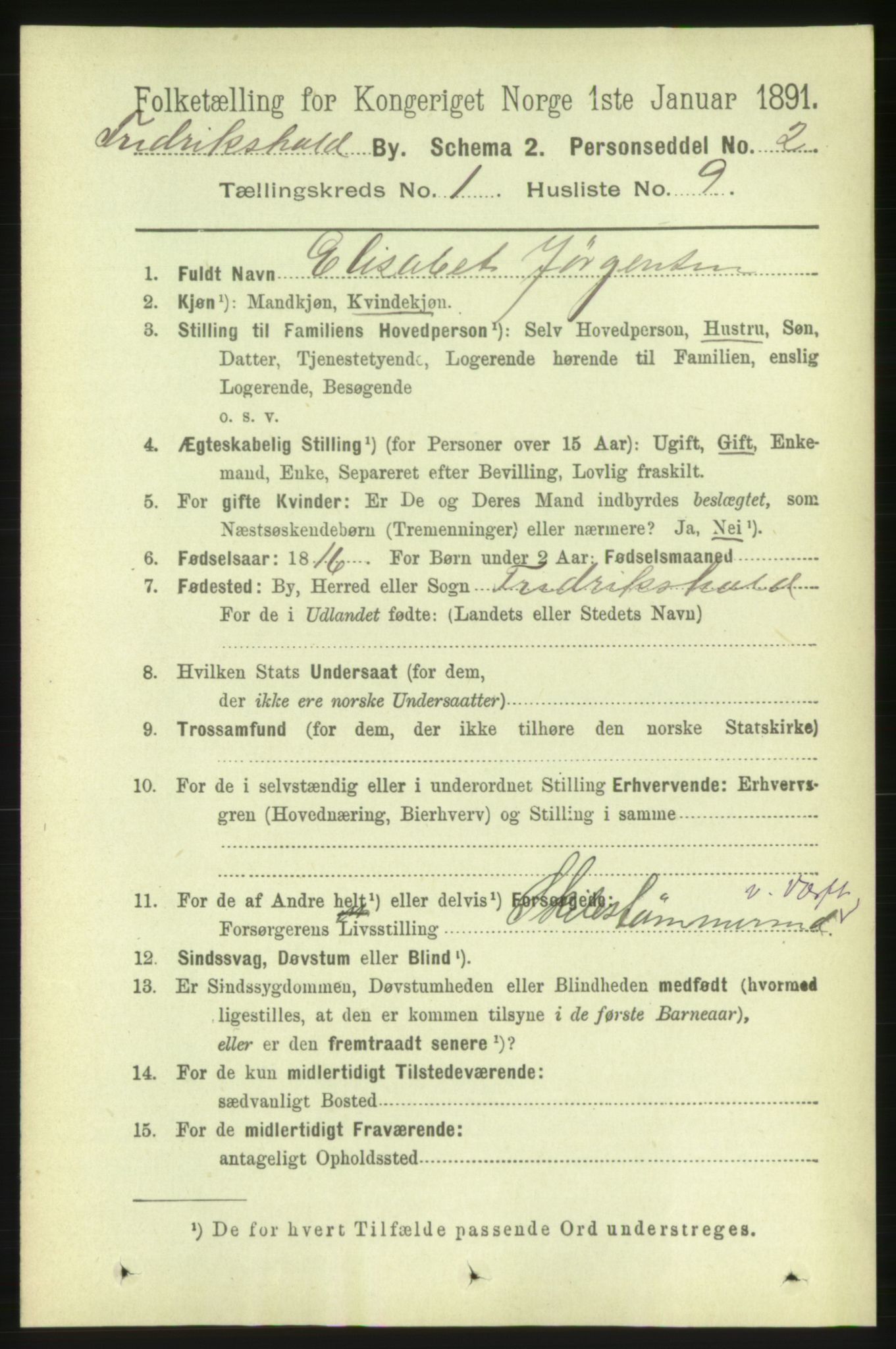 RA, 1891 census for 0101 Fredrikshald, 1891, p. 1999