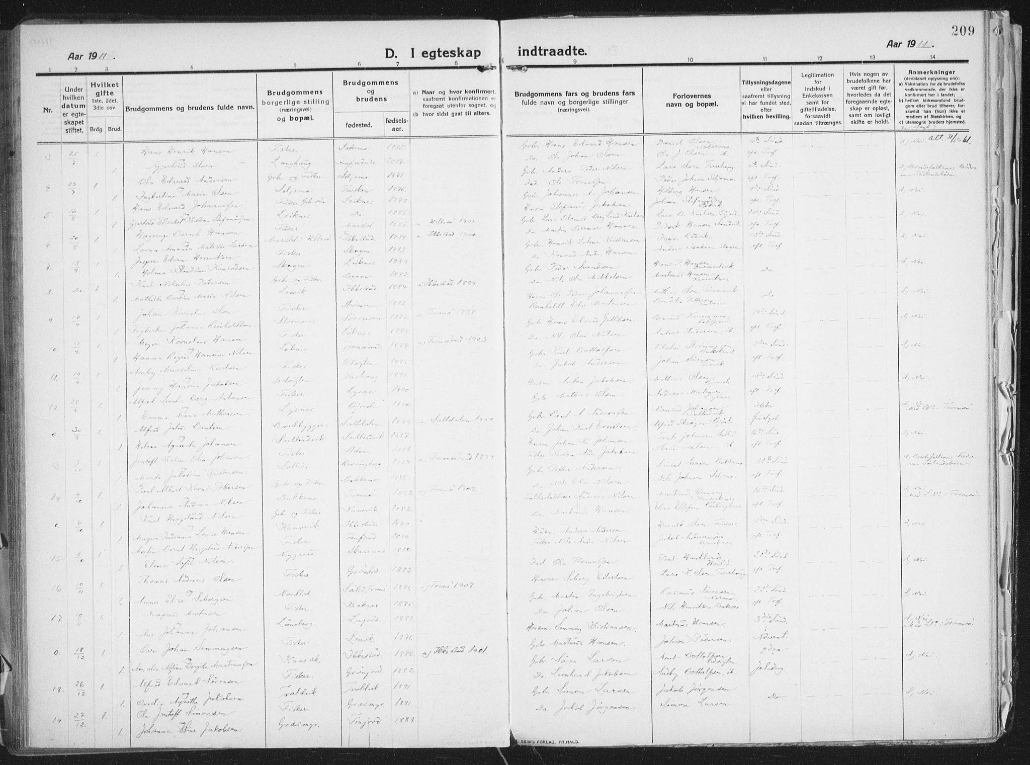 Lenvik sokneprestembete, AV/SATØ-S-1310/H/Ha/Haa/L0016kirke: Parish register (official) no. 16, 1910-1924, p. 209