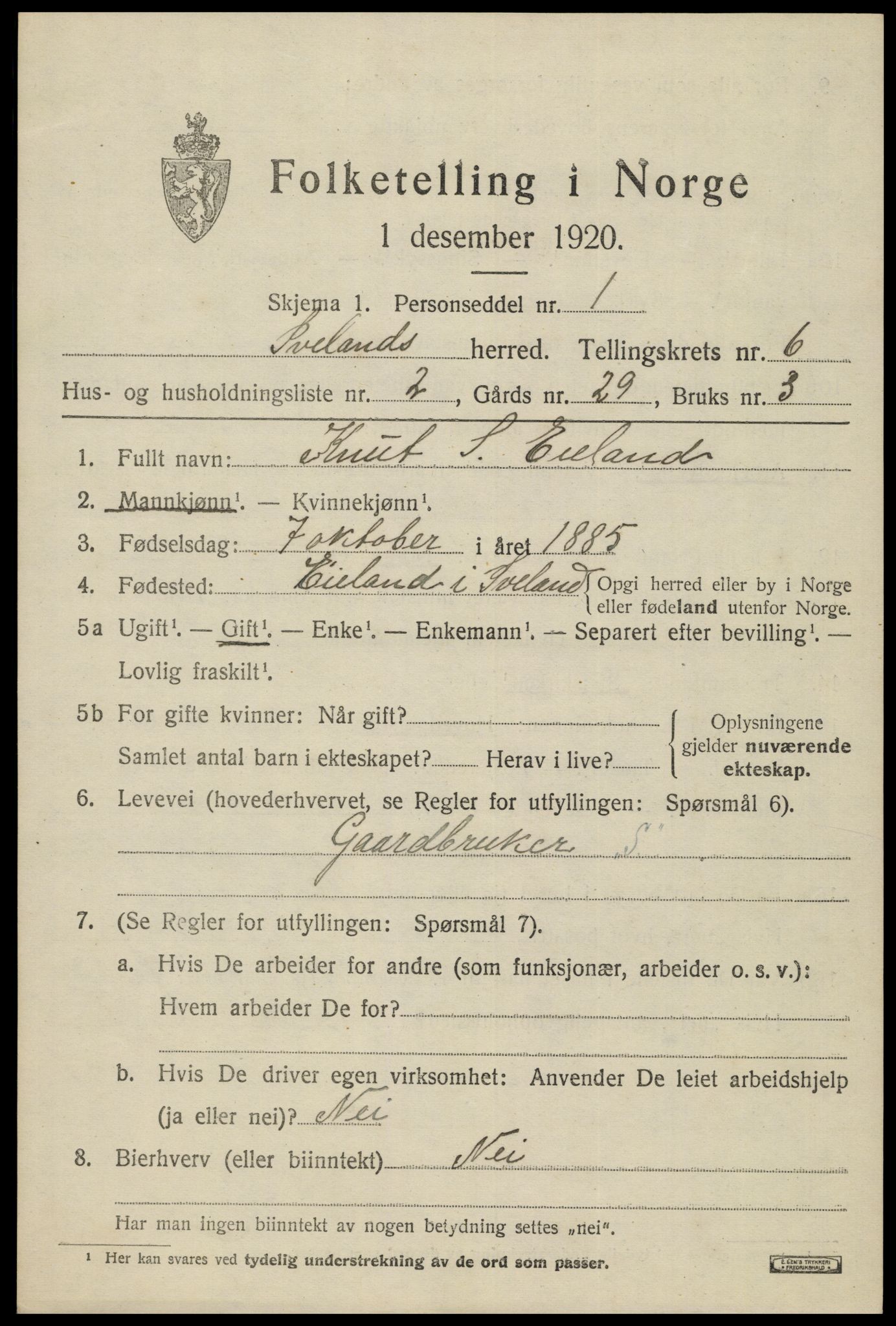 SAK, 1920 census for Iveland, 1920, p. 1953