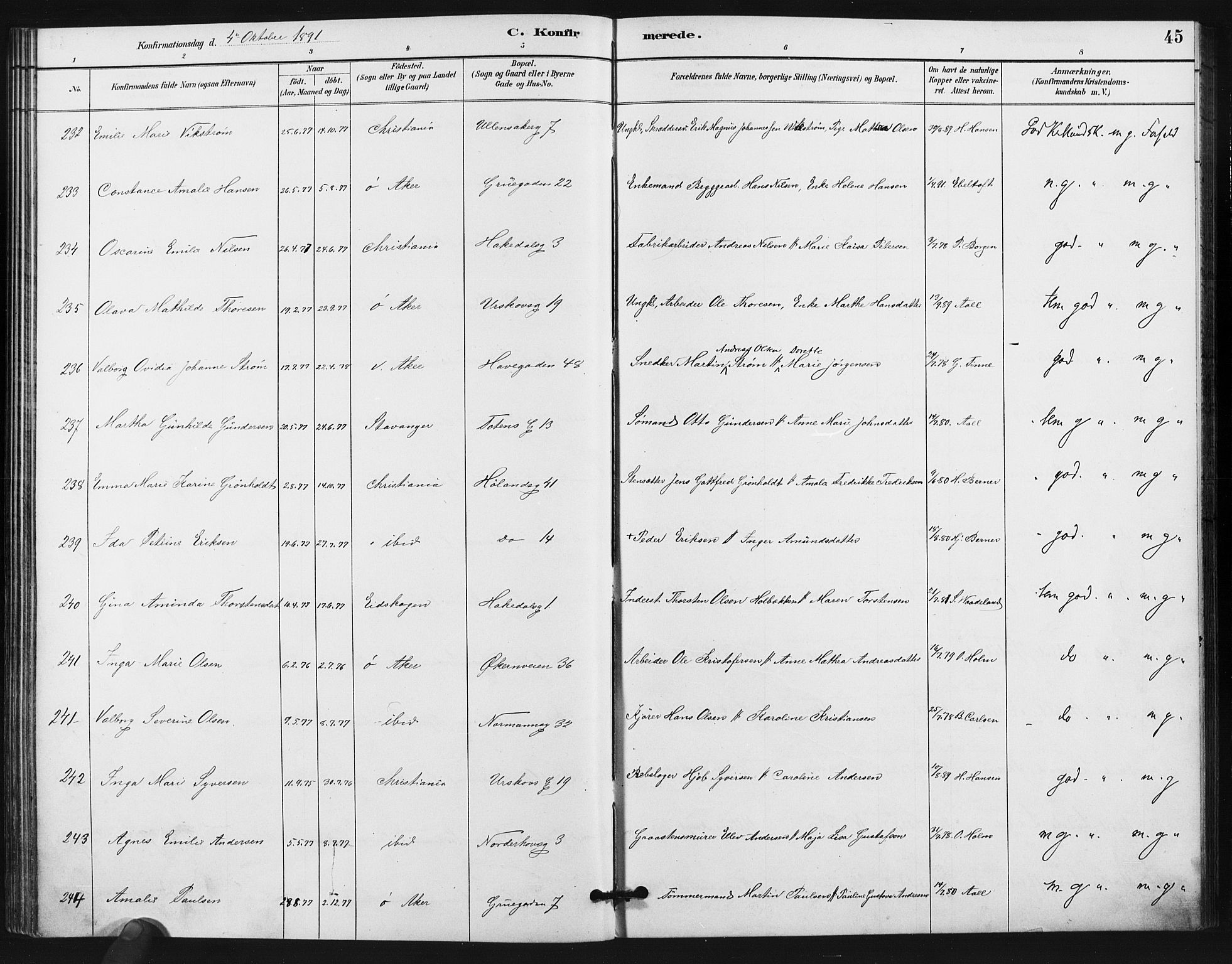 Kampen prestekontor Kirkebøker, AV/SAO-A-10853/F/Fa/L0006: Parish register (official) no. I 6, 1889-1896, p. 45