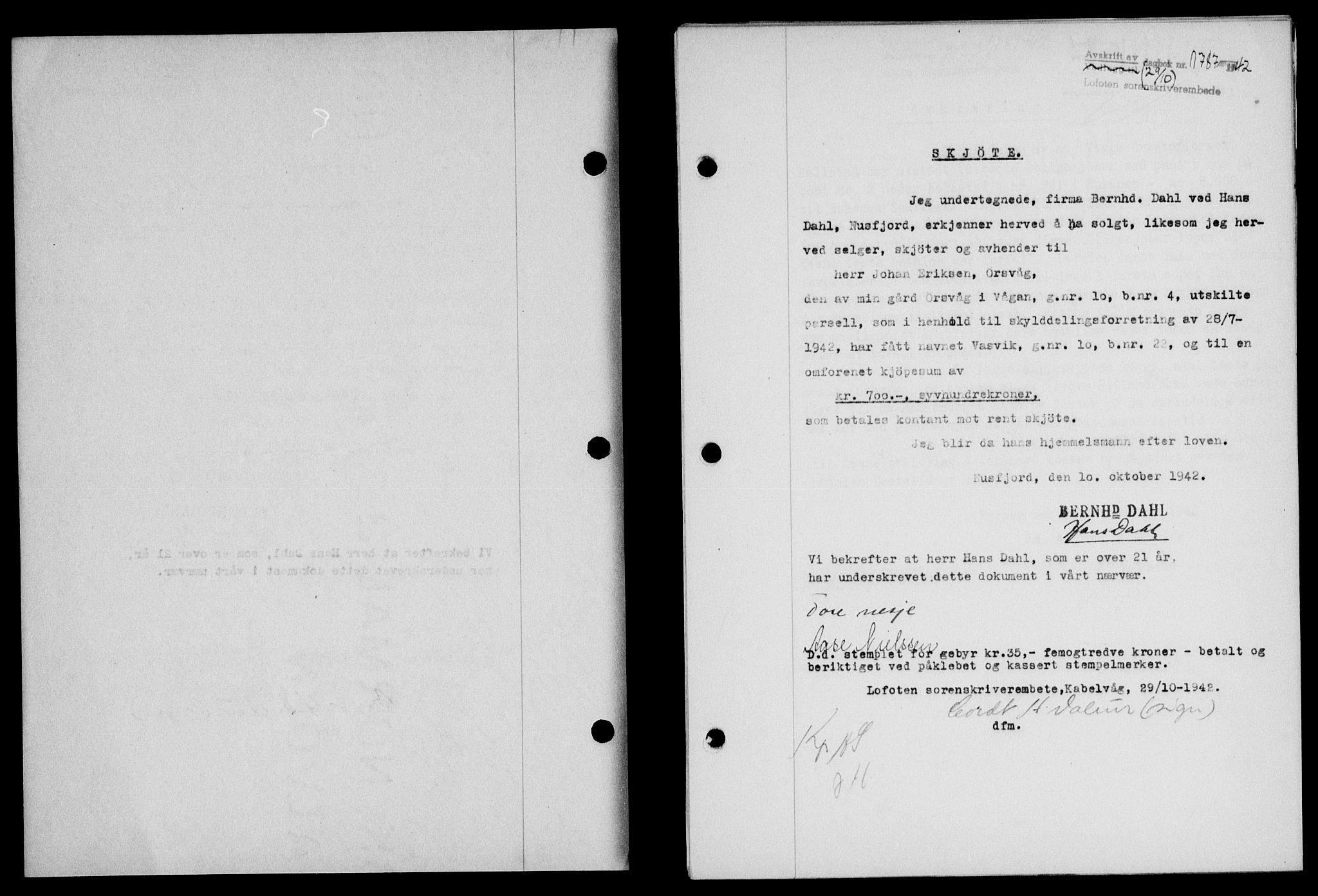 Lofoten sorenskriveri, SAT/A-0017/1/2/2C/L0010a: Mortgage book no. 10a, 1942-1943, Diary no: : 1787/1942