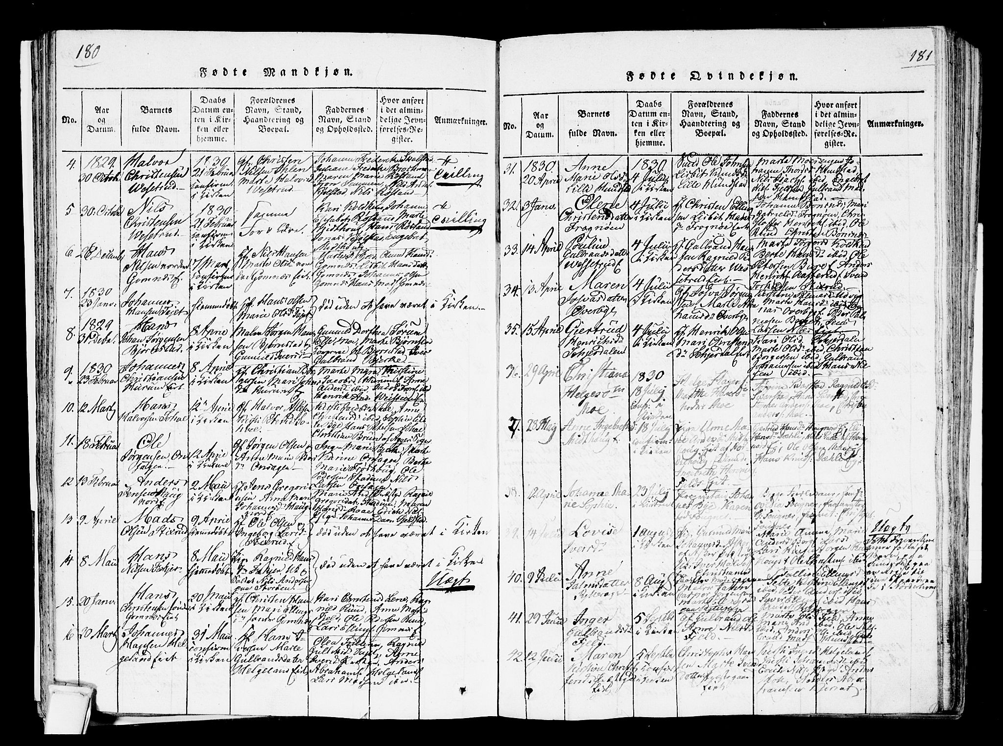 Hole kirkebøker, SAKO/A-228/F/Fa/L0004: Parish register (official) no. I 4, 1814-1833, p. 180-181