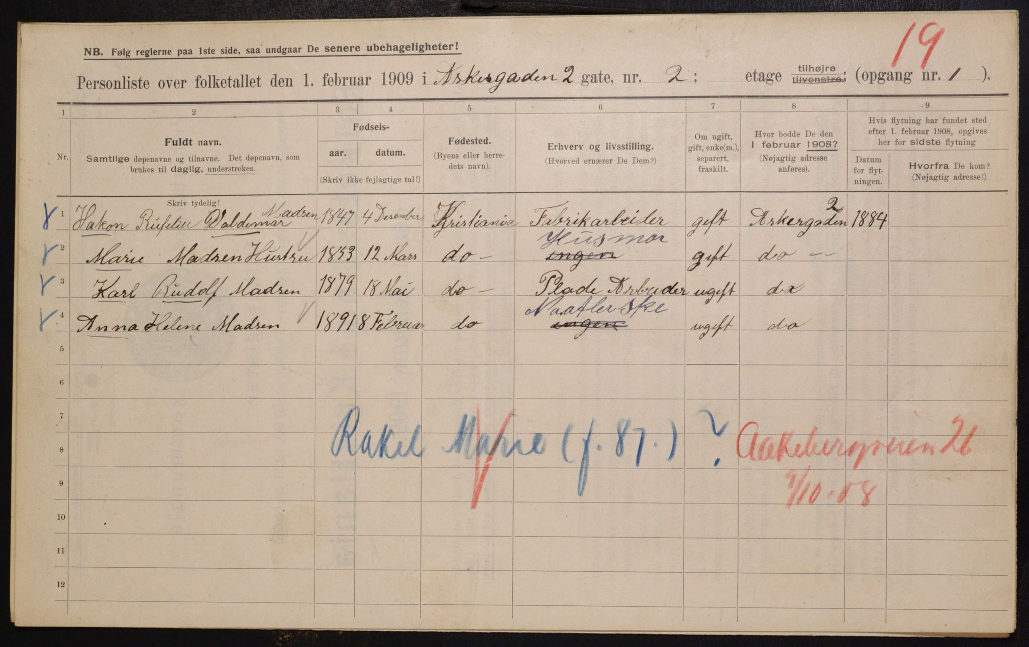 OBA, Municipal Census 1909 for Kristiania, 1909, p. 2354