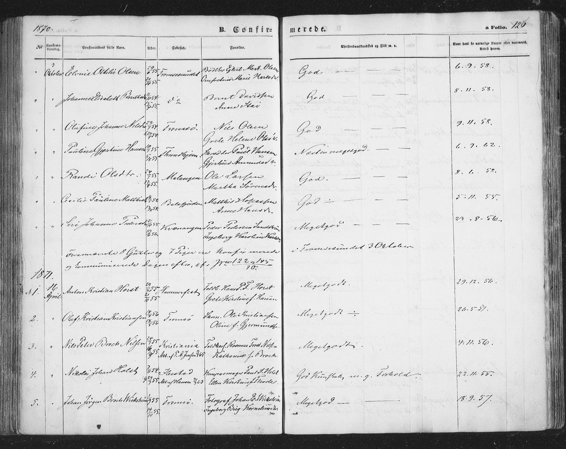 Tromsø sokneprestkontor/stiftsprosti/domprosti, SATØ/S-1343/G/Ga/L0012kirke: Parish register (official) no. 12, 1865-1871, p. 126