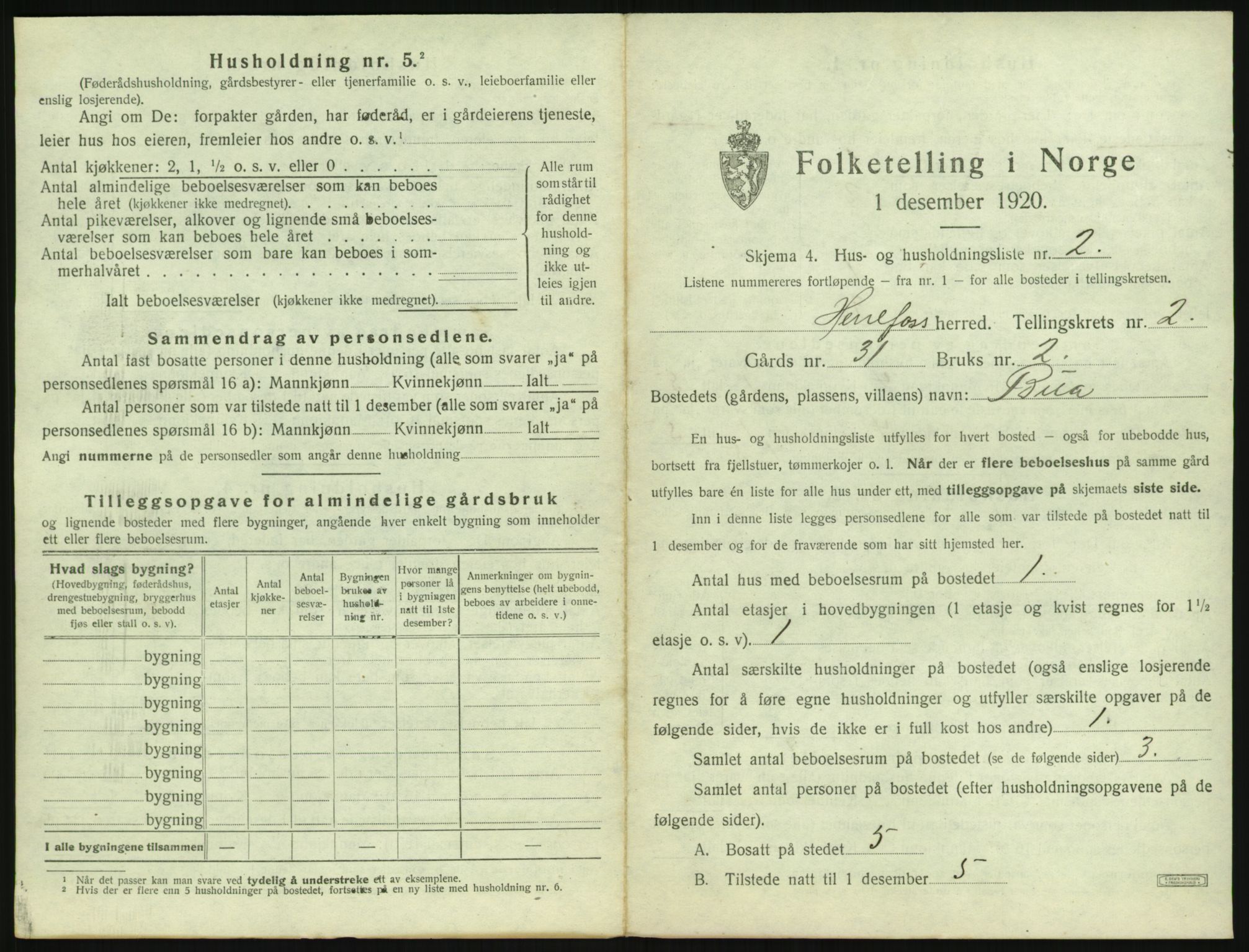 SAK, 1920 census for Herefoss, 1920, p. 50