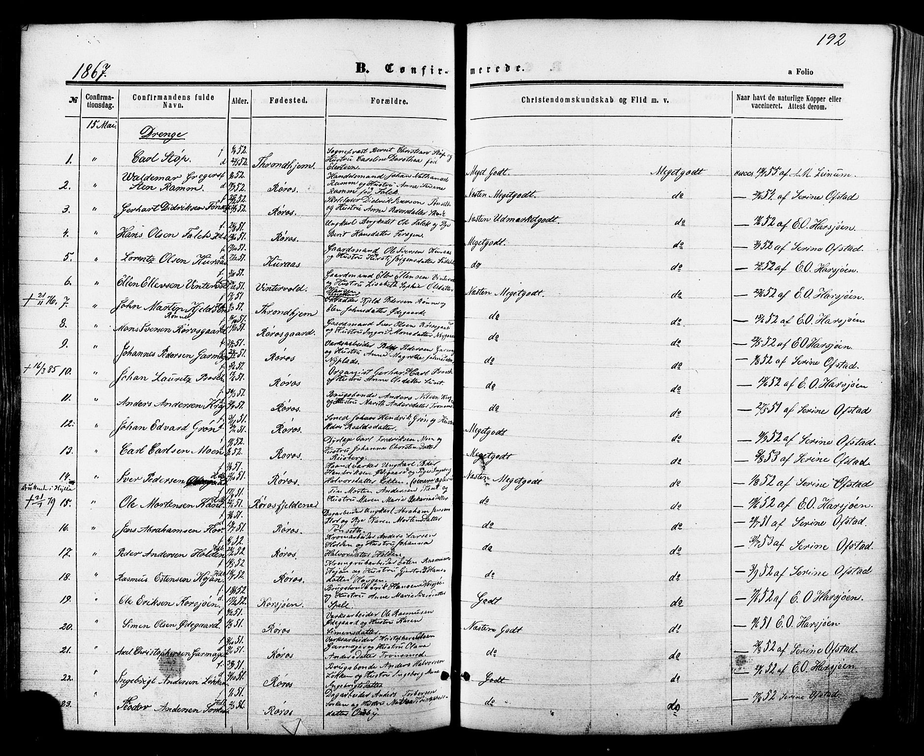 Ministerialprotokoller, klokkerbøker og fødselsregistre - Sør-Trøndelag, SAT/A-1456/681/L0932: Parish register (official) no. 681A10, 1860-1878, p. 192
