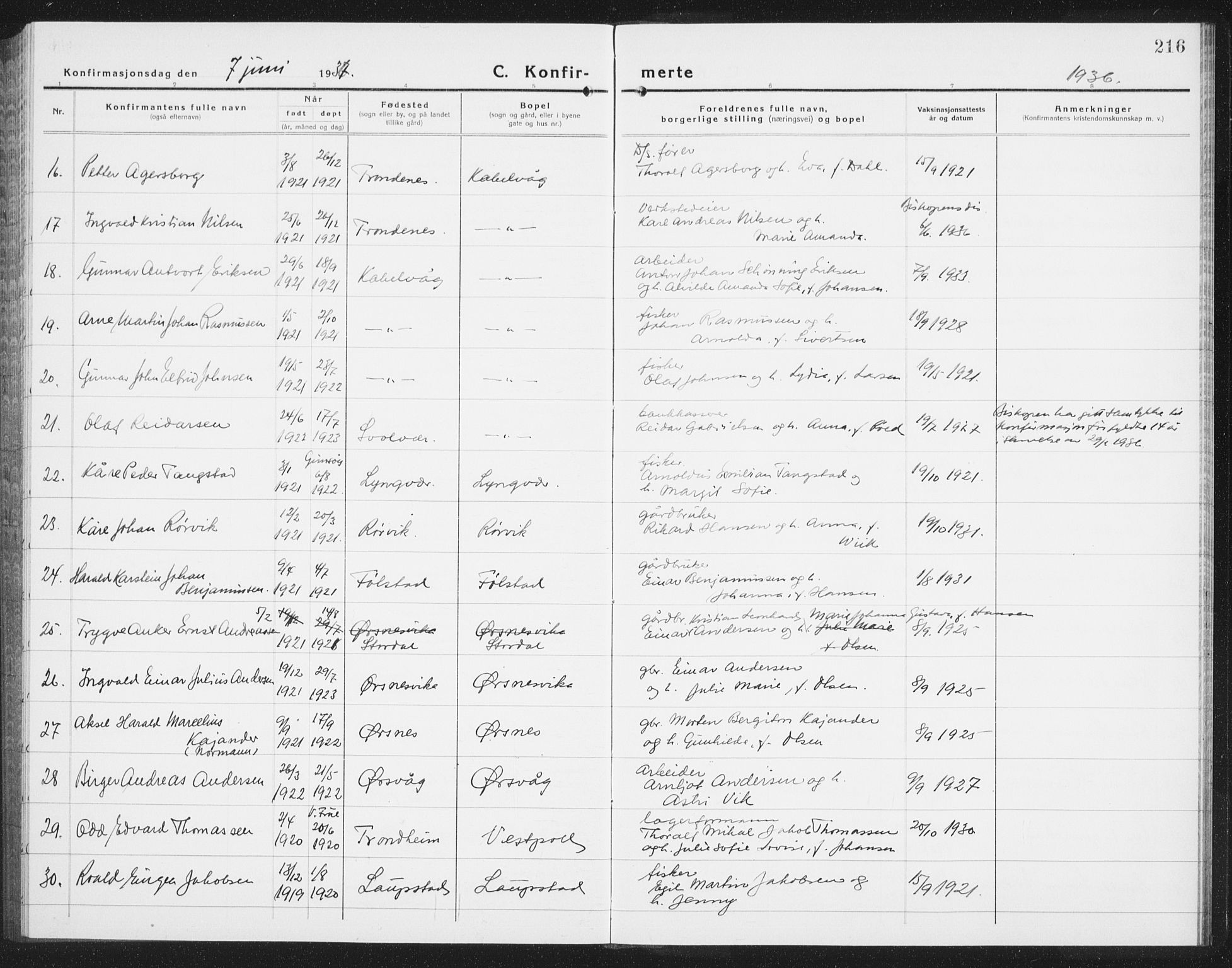 Ministerialprotokoller, klokkerbøker og fødselsregistre - Nordland, AV/SAT-A-1459/874/L1081: Parish register (copy) no. 874C10, 1925-1941, p. 216