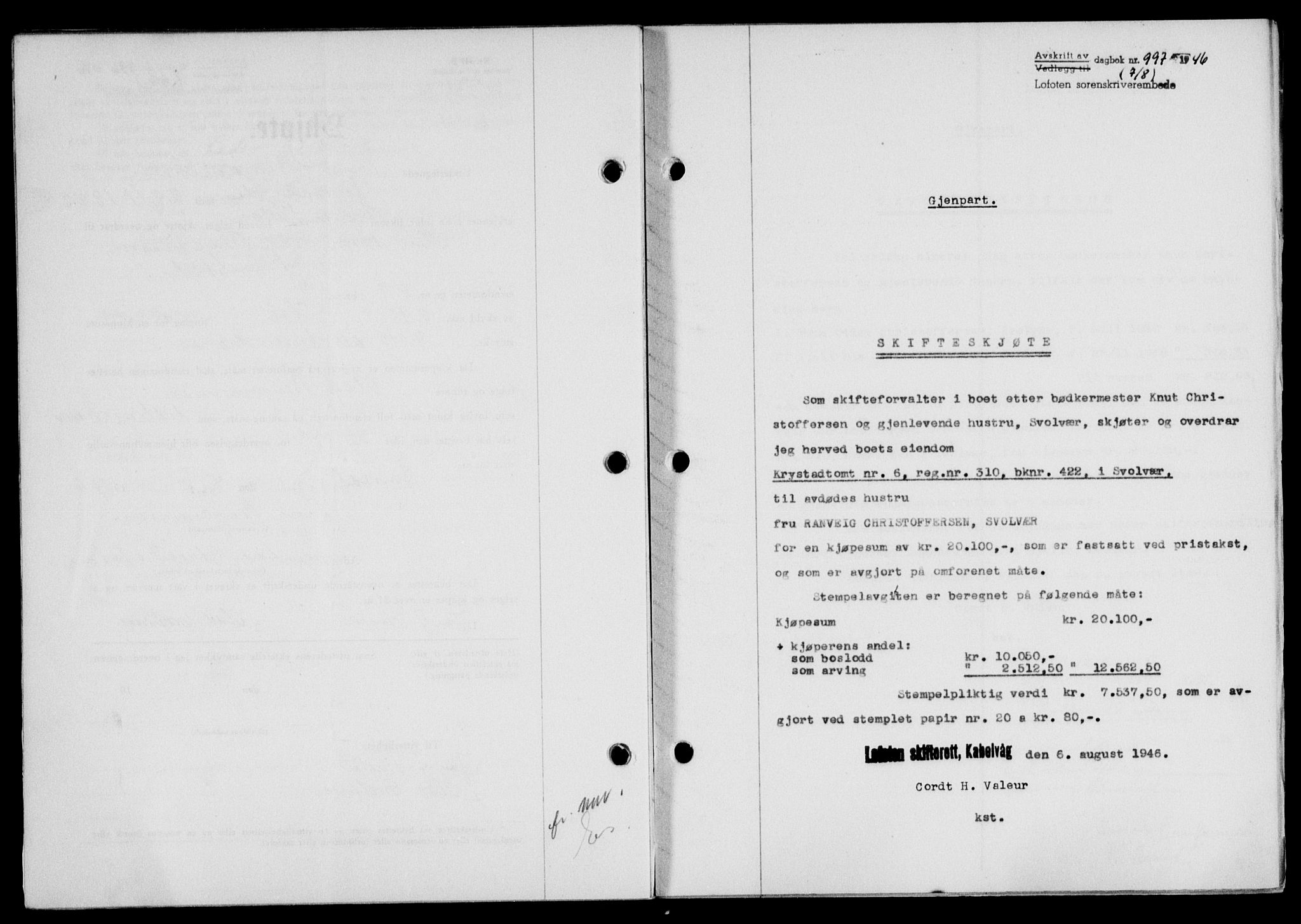 Lofoten sorenskriveri, SAT/A-0017/1/2/2C/L0014a: Mortgage book no. 14a, 1946-1946, Diary no: : 997/1946